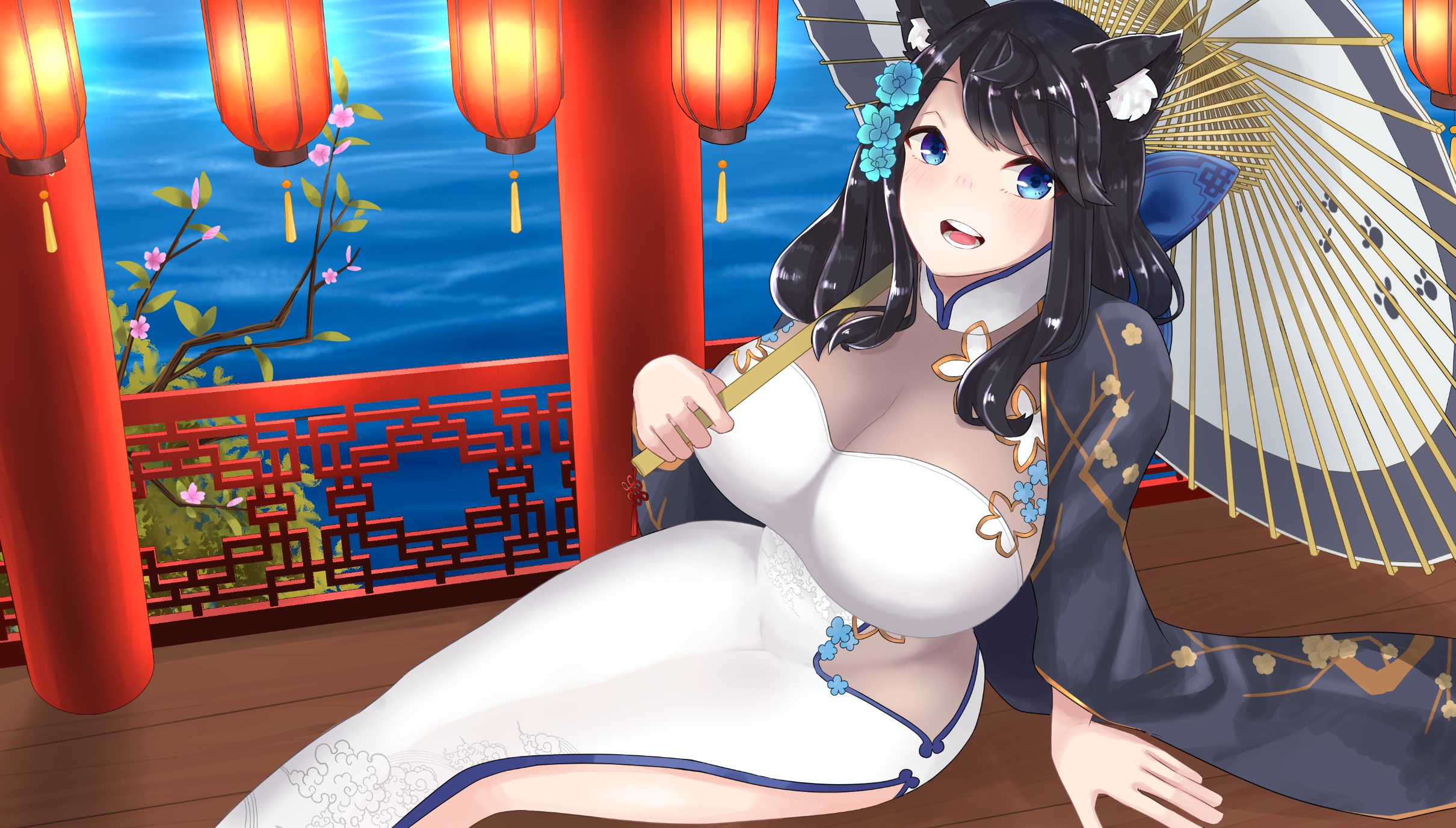 Anime Anime Girls Azur Lane Fusou Azur Lane Long Hair Black Hair Animal Ears Artwork Digital Art Fan 2420x1377