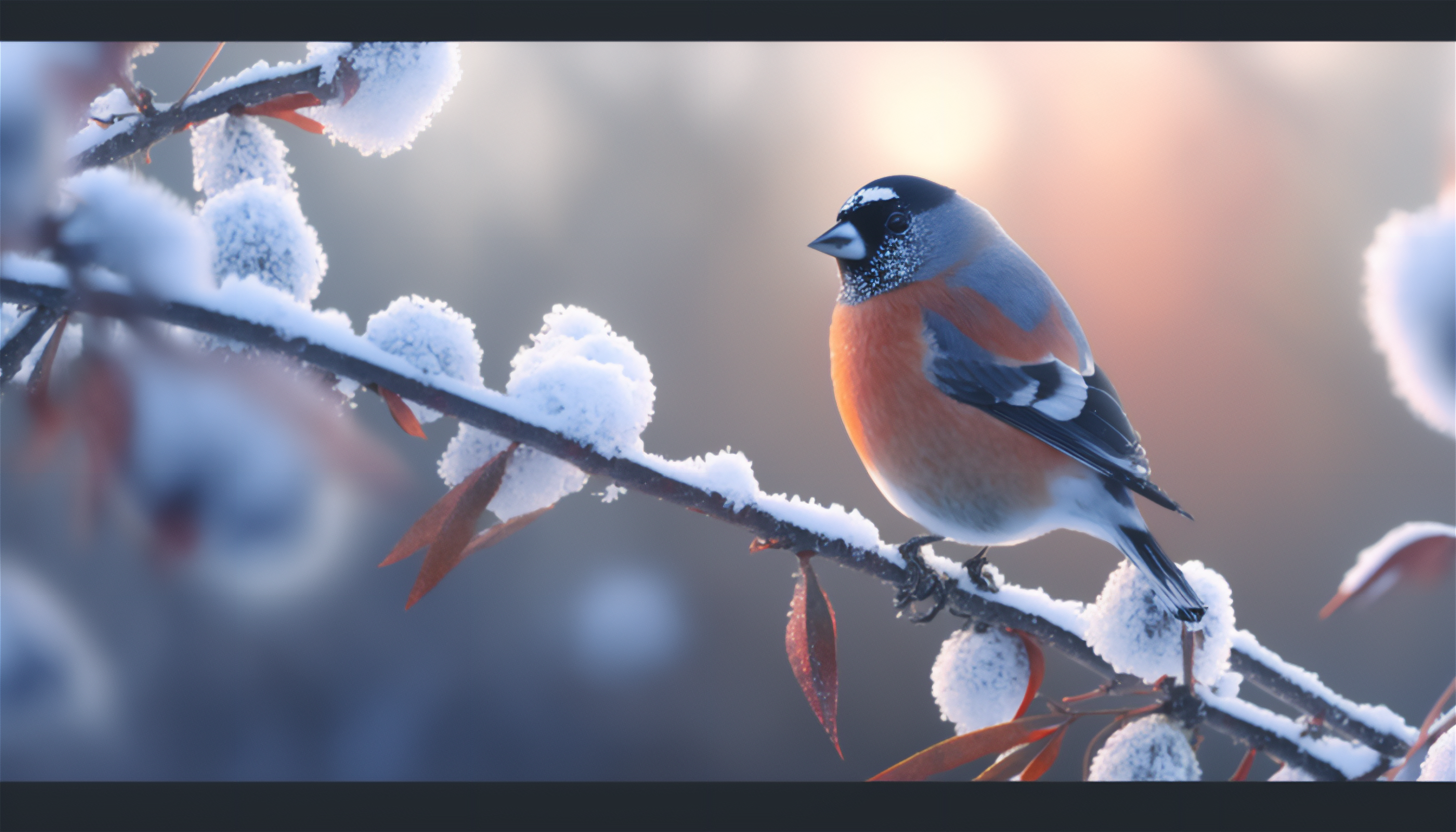 Ai Art Bullfinch Winter Frost Birds Animals Branch Leaves 3136x1792