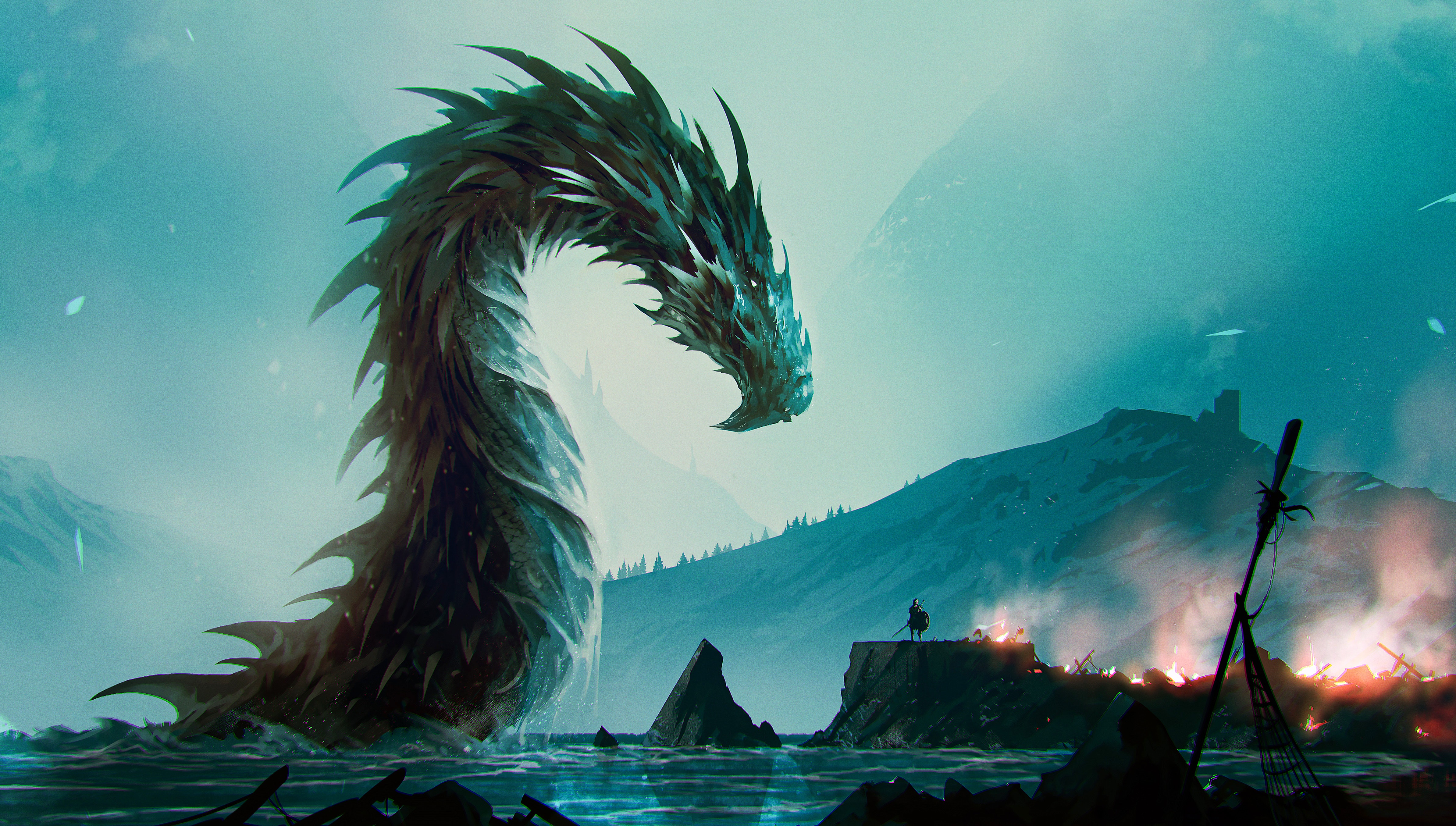 Digital Art Digital Artwork Illustration Dragon Landscape Nature Fire Mountains 4777x2710