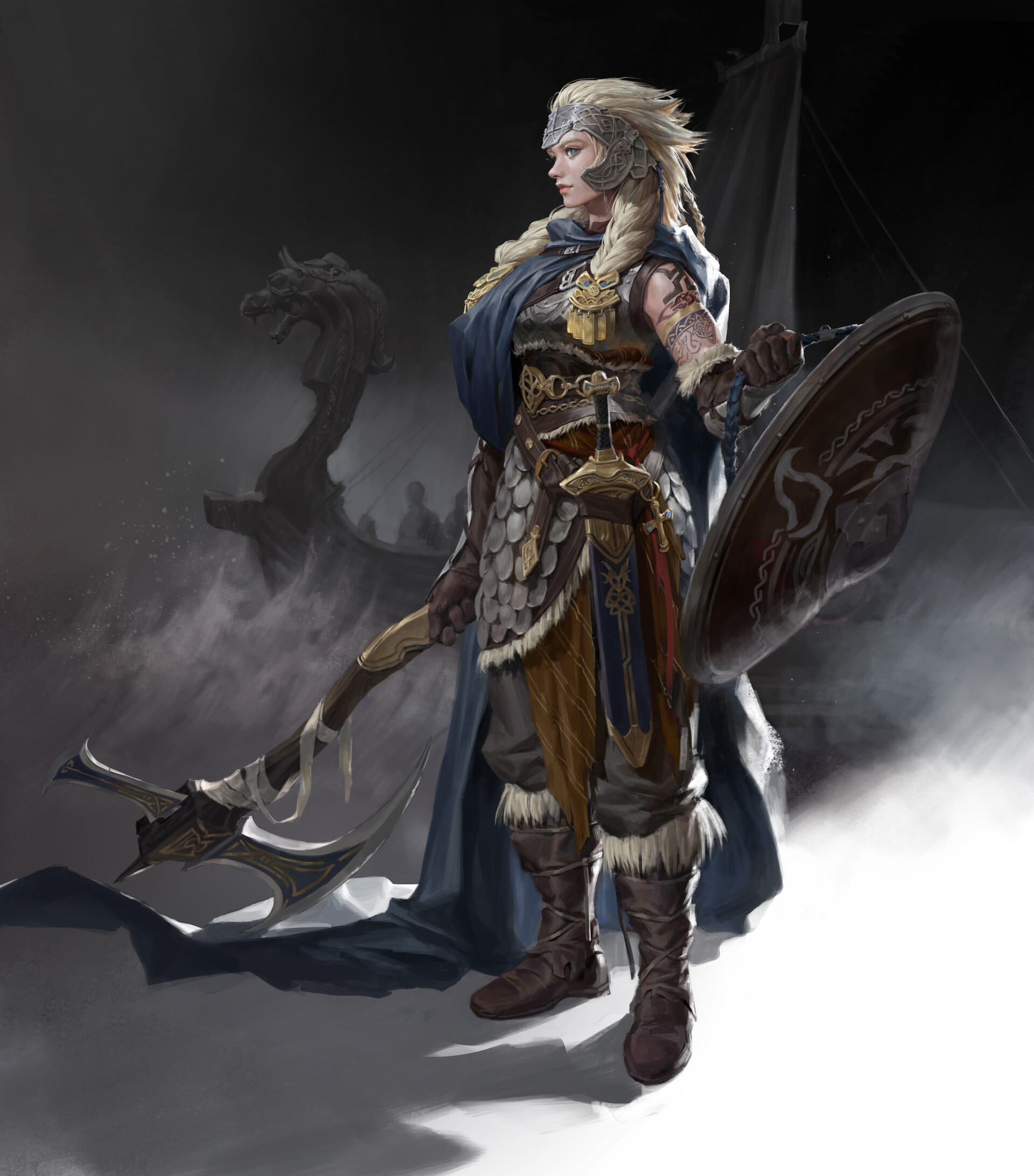 Women Artwork Fantasy Art Fantasy Girl Weapon Shield Armor Sword Women With Weapons Braids 1920x2183