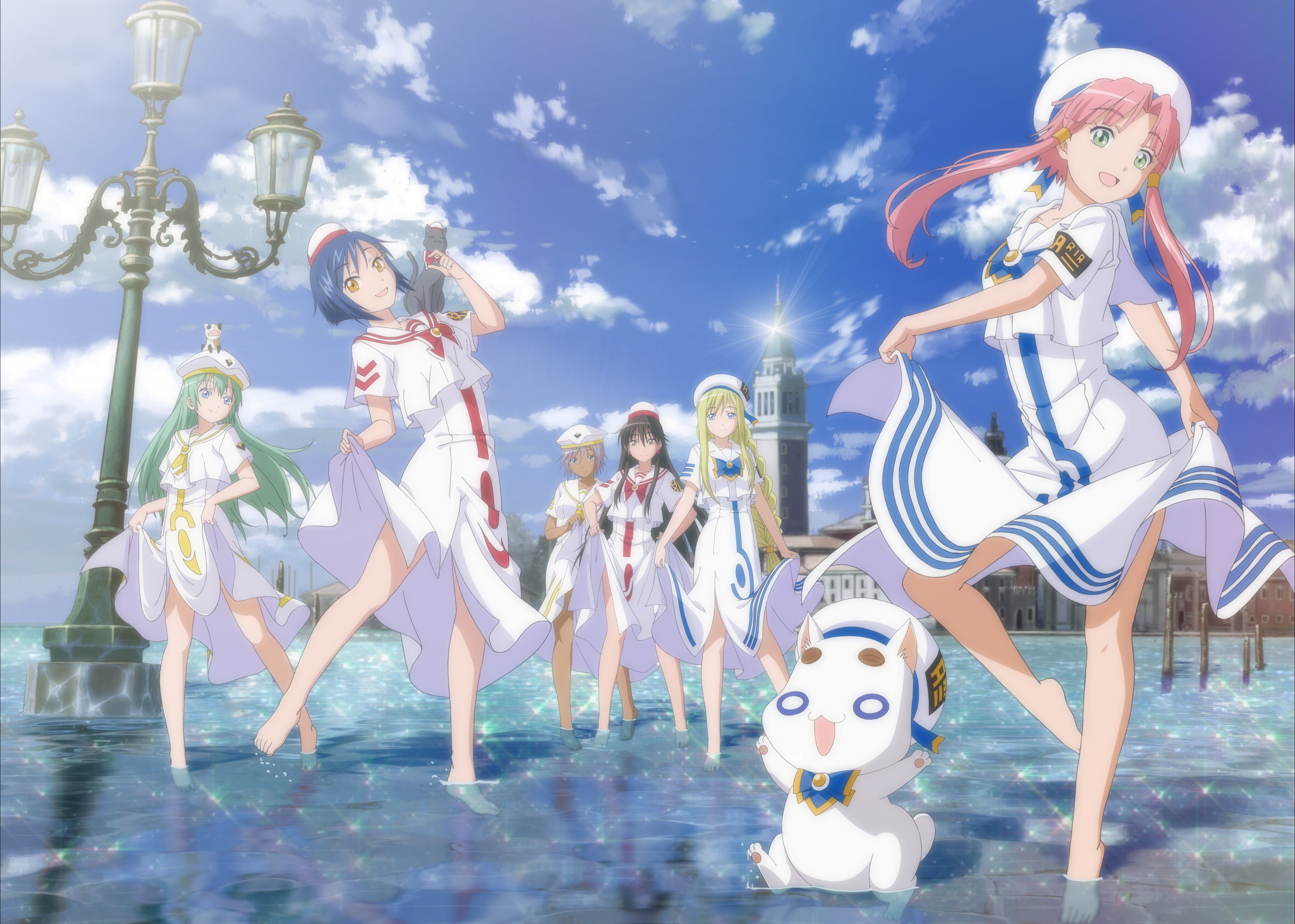 Aria Group Of Women Anime Girls Uniform Standing In Water Water Mizunashi Akari Clouds Aika Granzche 3952x2821