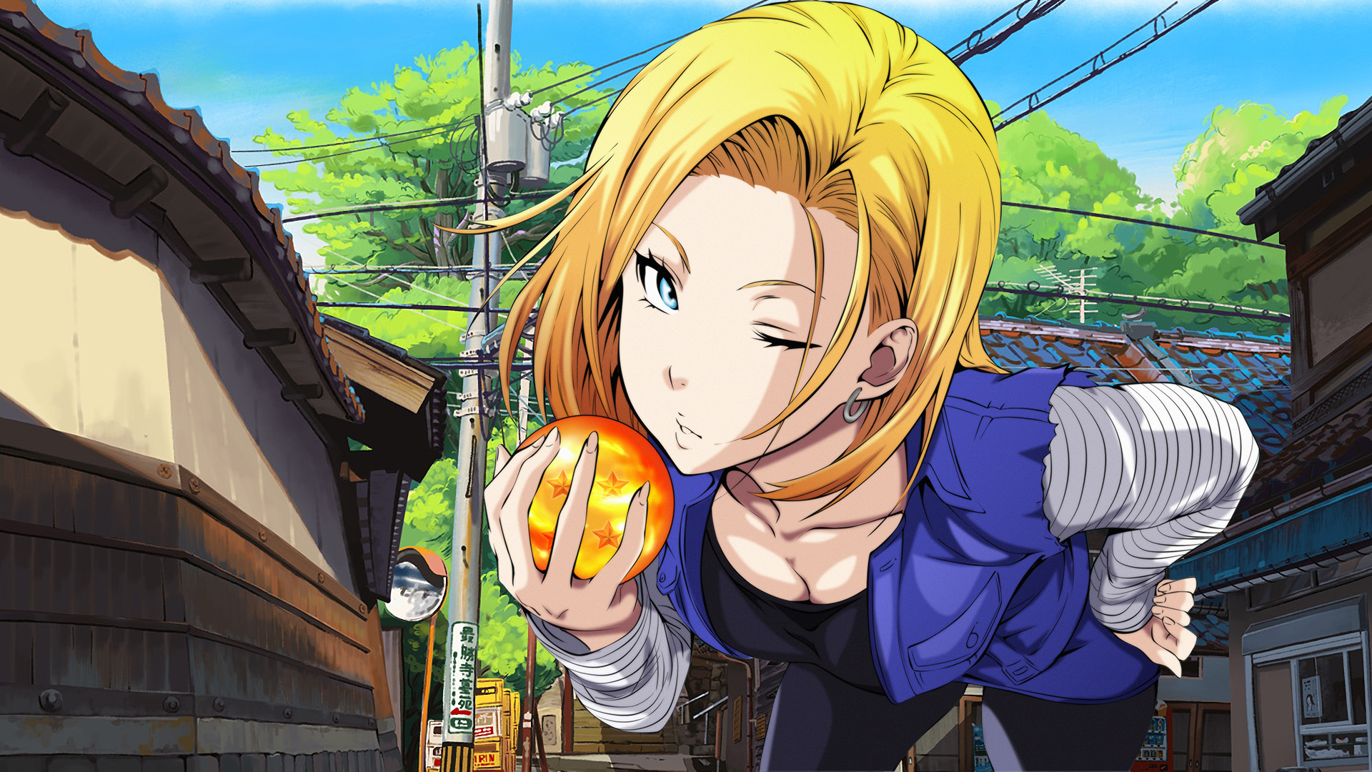 Anime Girls Dragon Ball Android 18 Blonde One Eye Closed Wires Looking At Viewer Dragon Ball Z Drago 1920x1080