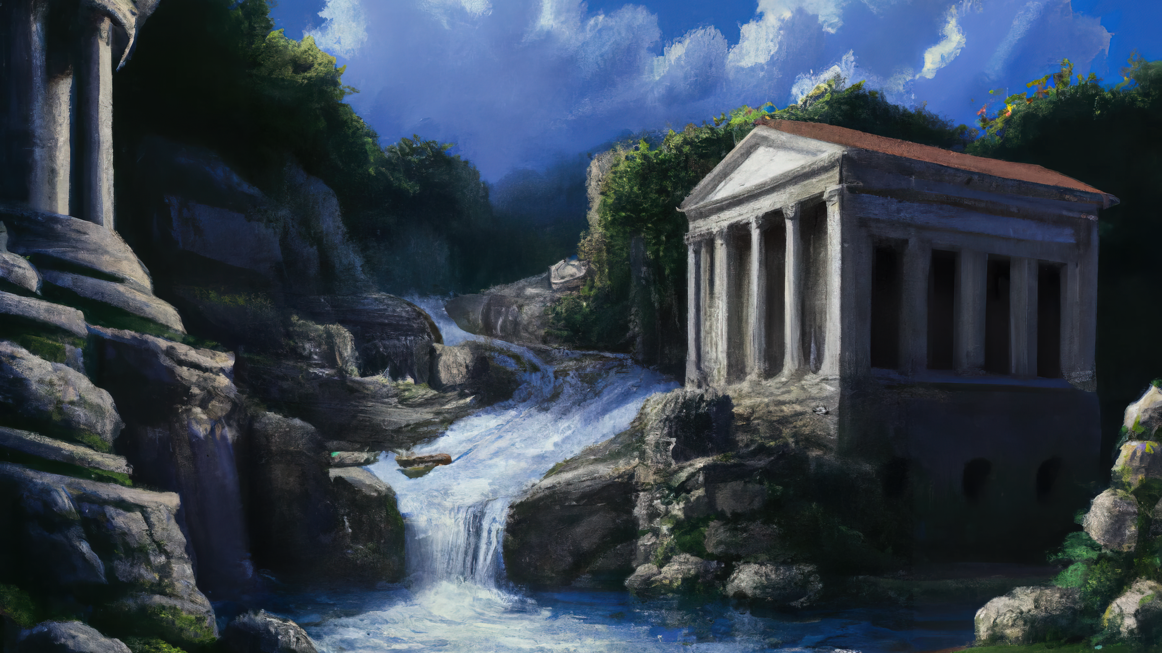 Ai Art Ai Painting Painting Temple Ancient Temple Waterfall Rome Ancient Rome Greece Ancient Greece  3840x2160