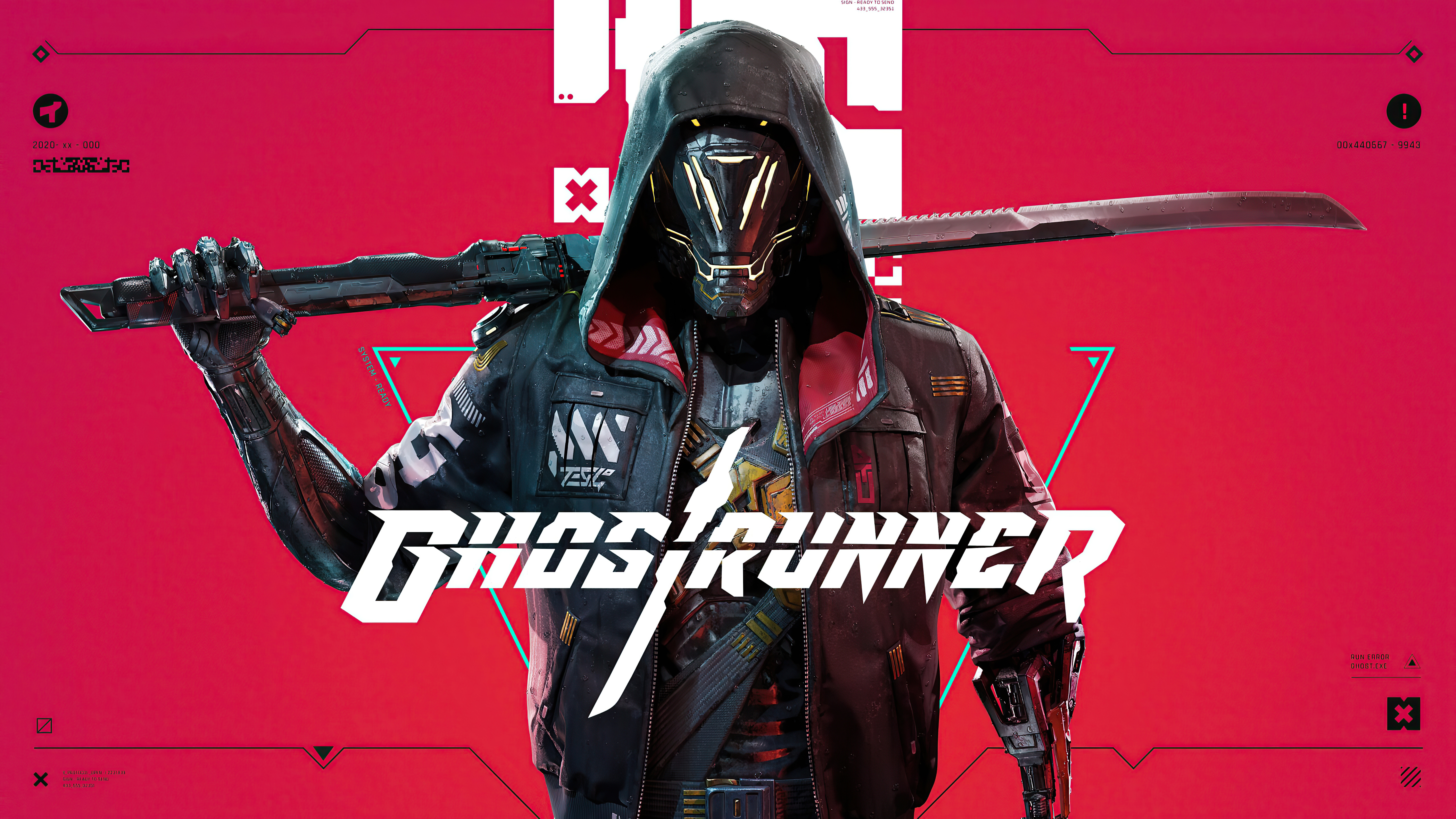 Ghost Runner Poster Cyberpunk Sword Red Background Simple Background One More Level 5120x2880