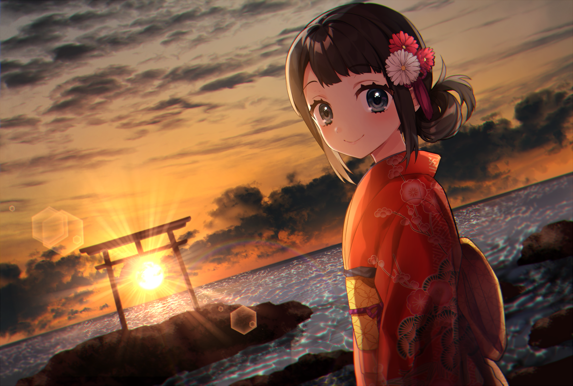 Anime Anime Girls Flower In Hair Water Sunset Clouds Sky Kimono 1920x1296