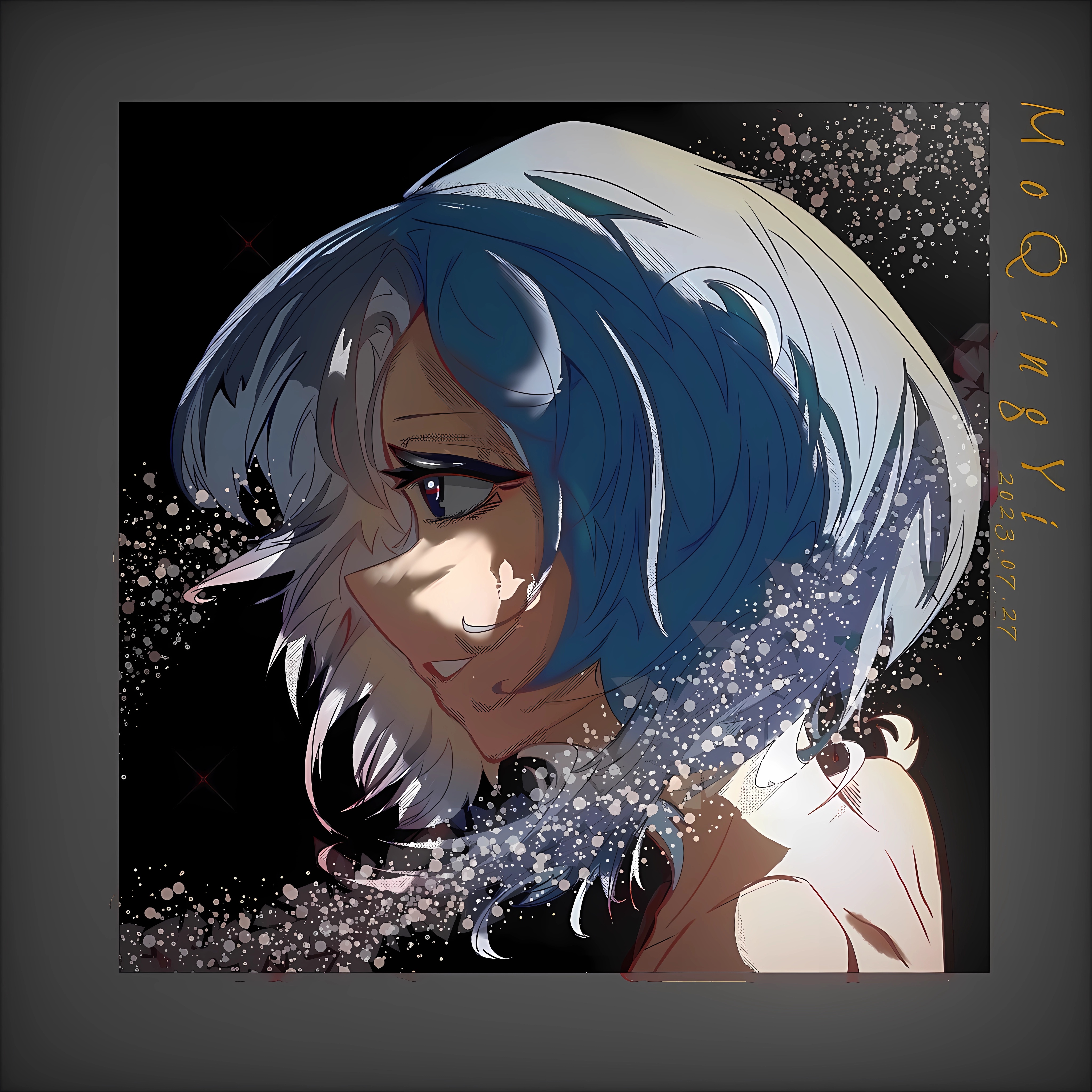 MoQingYi Artist Space Looking Away Anime Girls Blue Hair Short Hair Simple Background Minimalism Sig 4096x4096