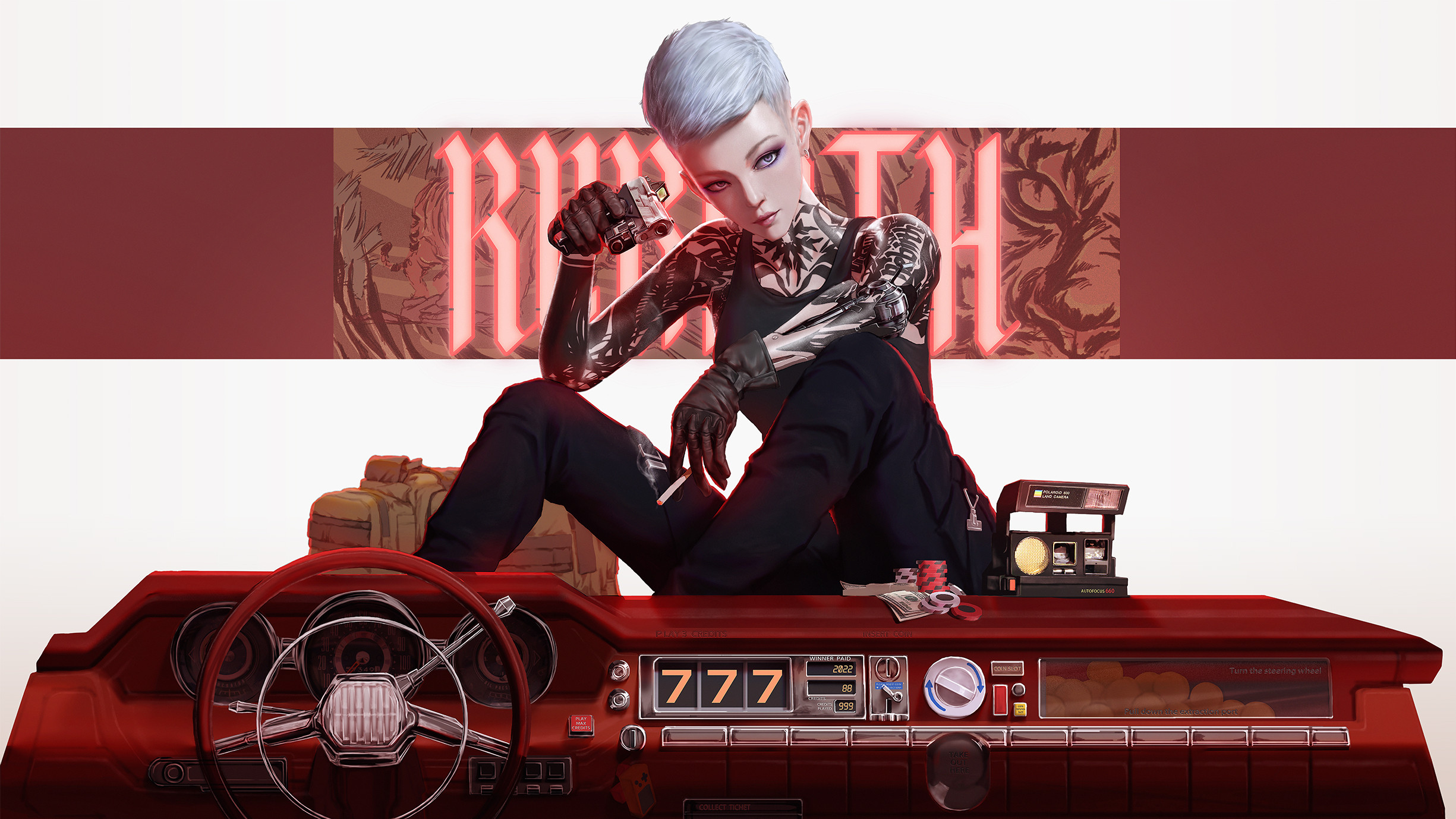 Shenpei Wu Women Artwork Gun Weapon Women With Weapons Car Tattoo Cigarettes Smoking White Hair 2450x1378