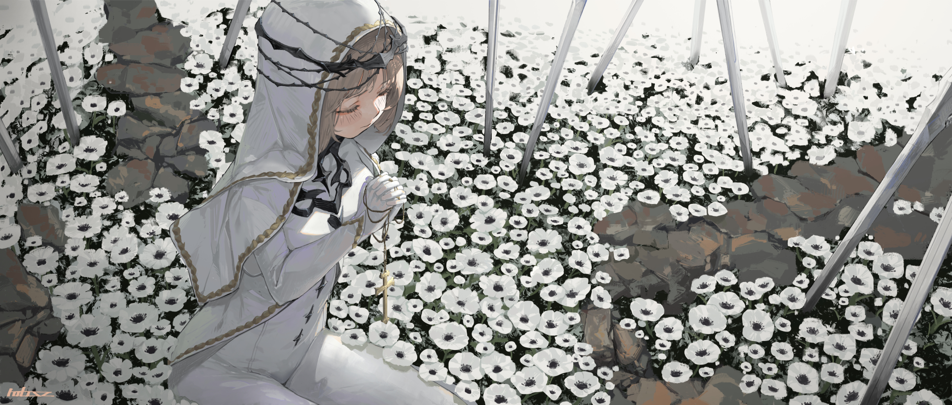 Anime Anime Girls Flowers Closed Eyes Nuns Nun Outfit Praying Cross 1903x810