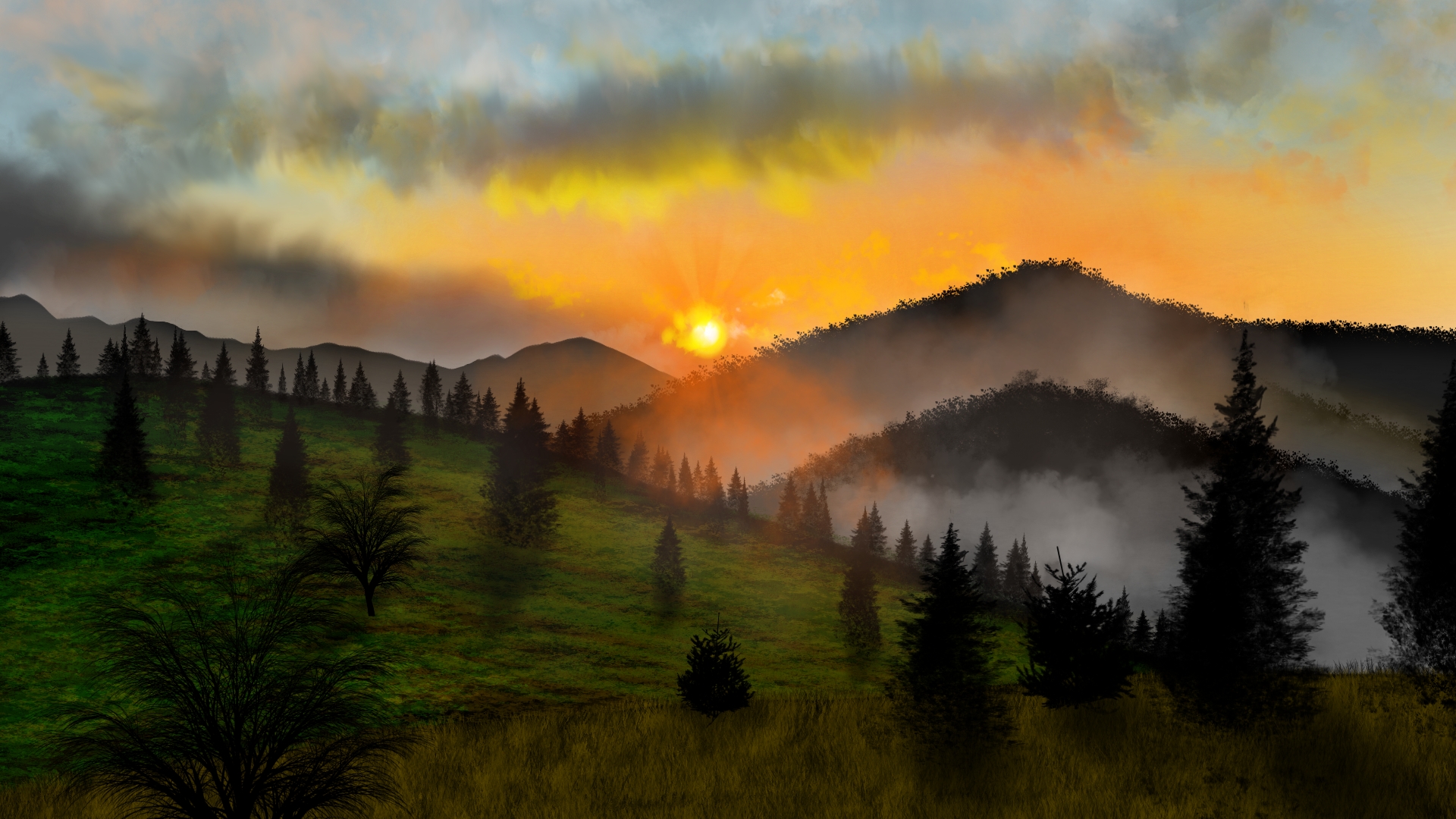 Digital Painting Digital Art Nature Landscape Sunset Hills 1920x1080
