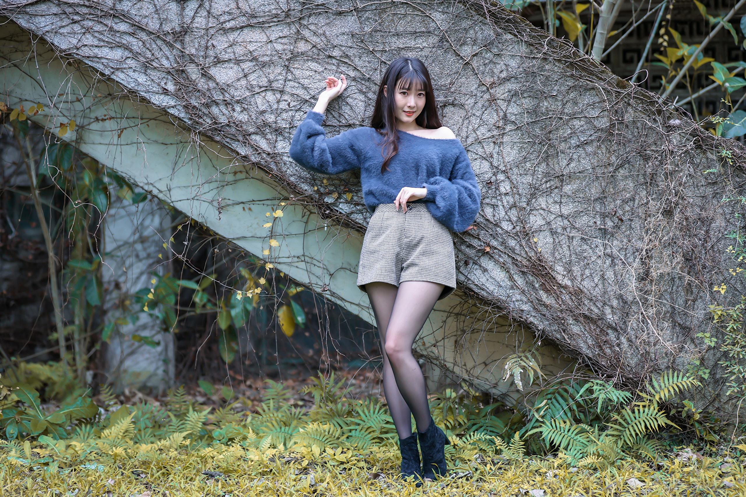 Asian Model Women Long Hair Dark Hair Ankle Boots Sweater Bare Shoulders 2560x1707
