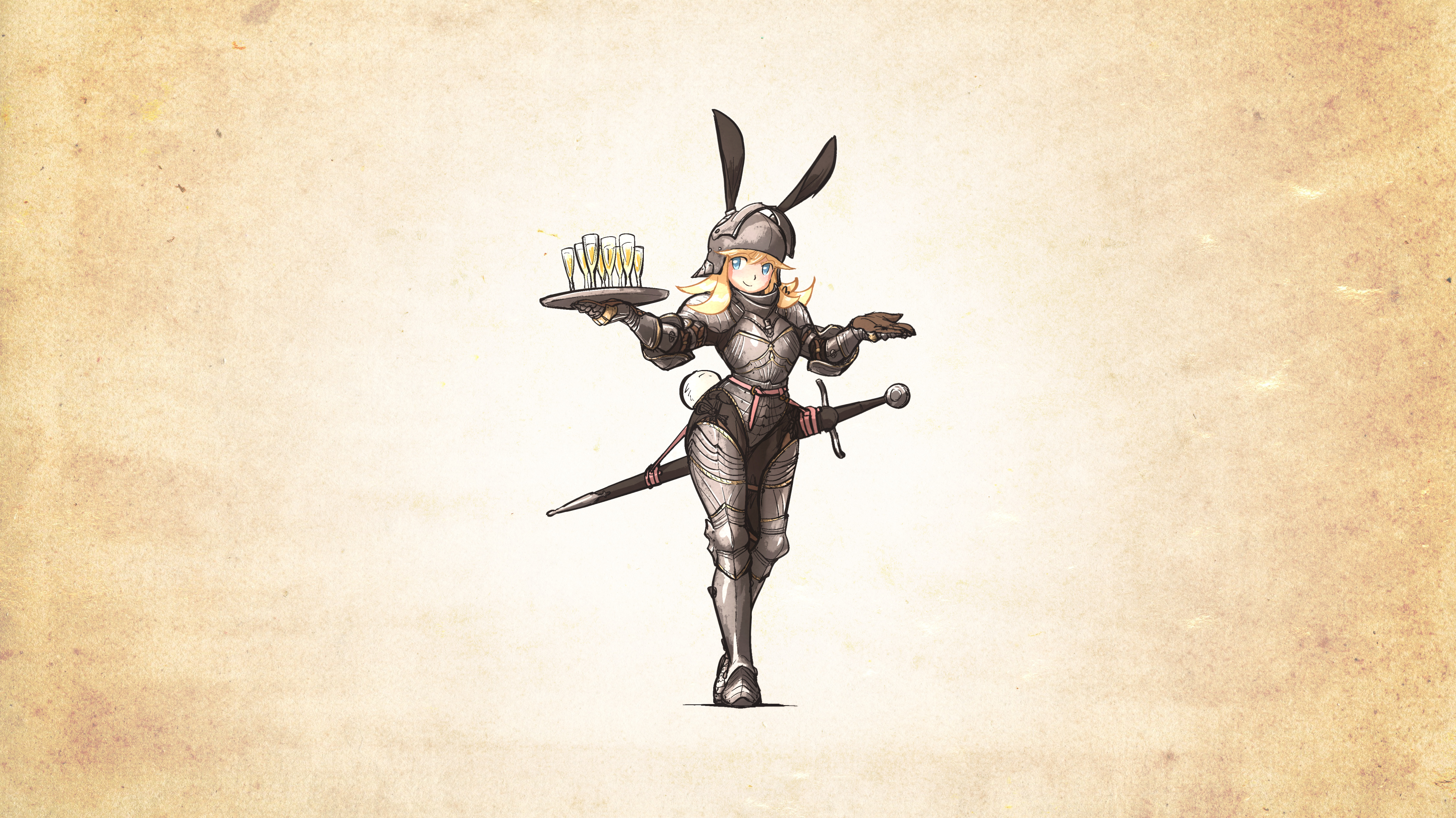 Anime Girls Armor Weapon Sword Greaves Blonde Long Hair Blue Eyes Bunny Ears Glasses Glass Wine Glas 3840x2160