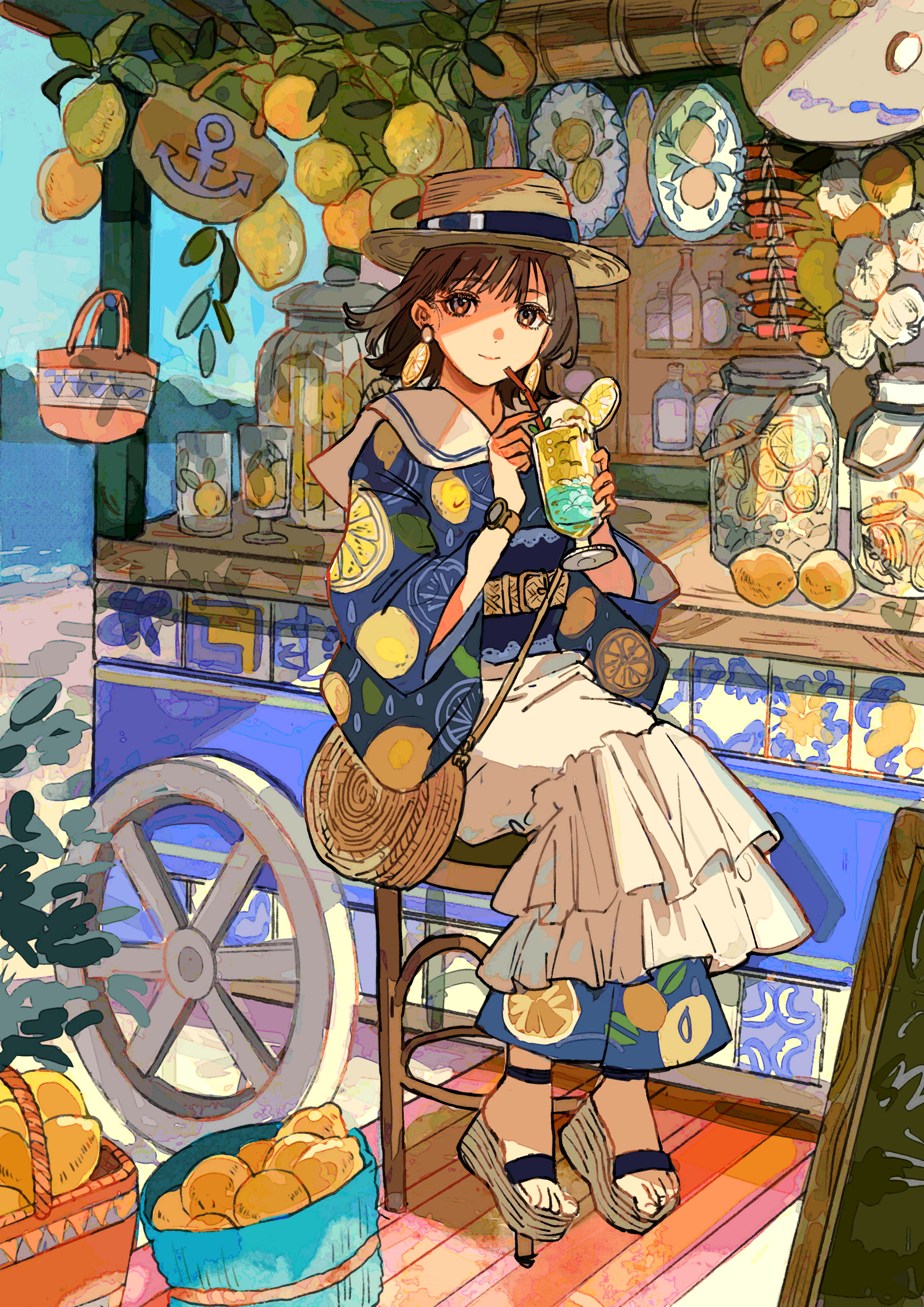 Qooo003 Anime Girls Illustration Summer Lemonade Sea Side Sandals Sun Hats Japanese Clothes Ice Crea 2894x4093