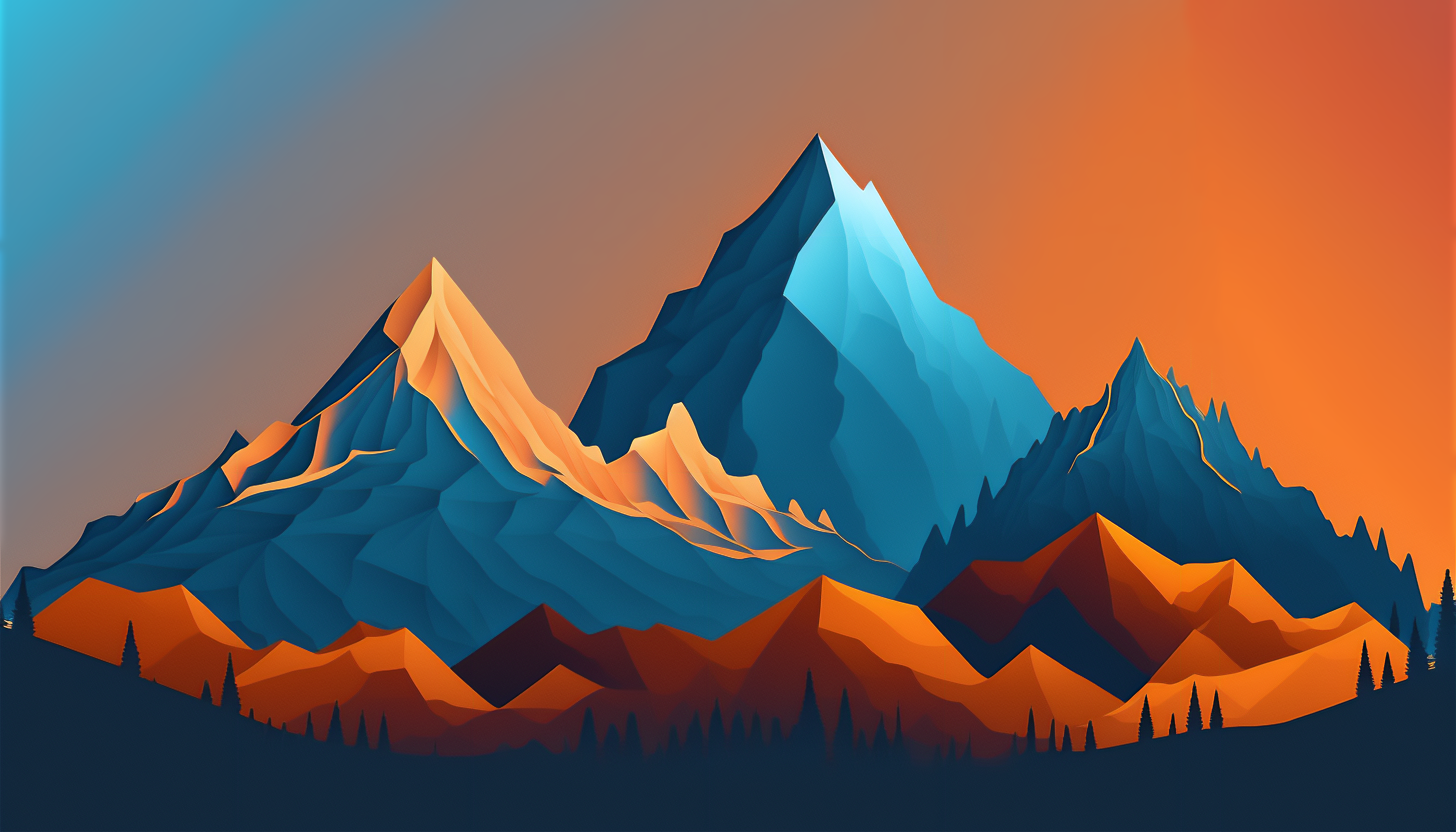 Ai Art Illustration Mountains Vector Art Blue Orange Simple Background Minimalism 3136x1792
