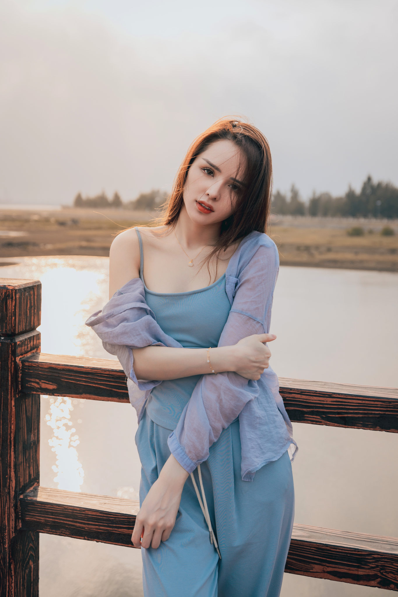 Qin Xiaoqiang Women Brunette Long Hair Straight Hair Blue Clothing Fence Lake Asian 1366x2048