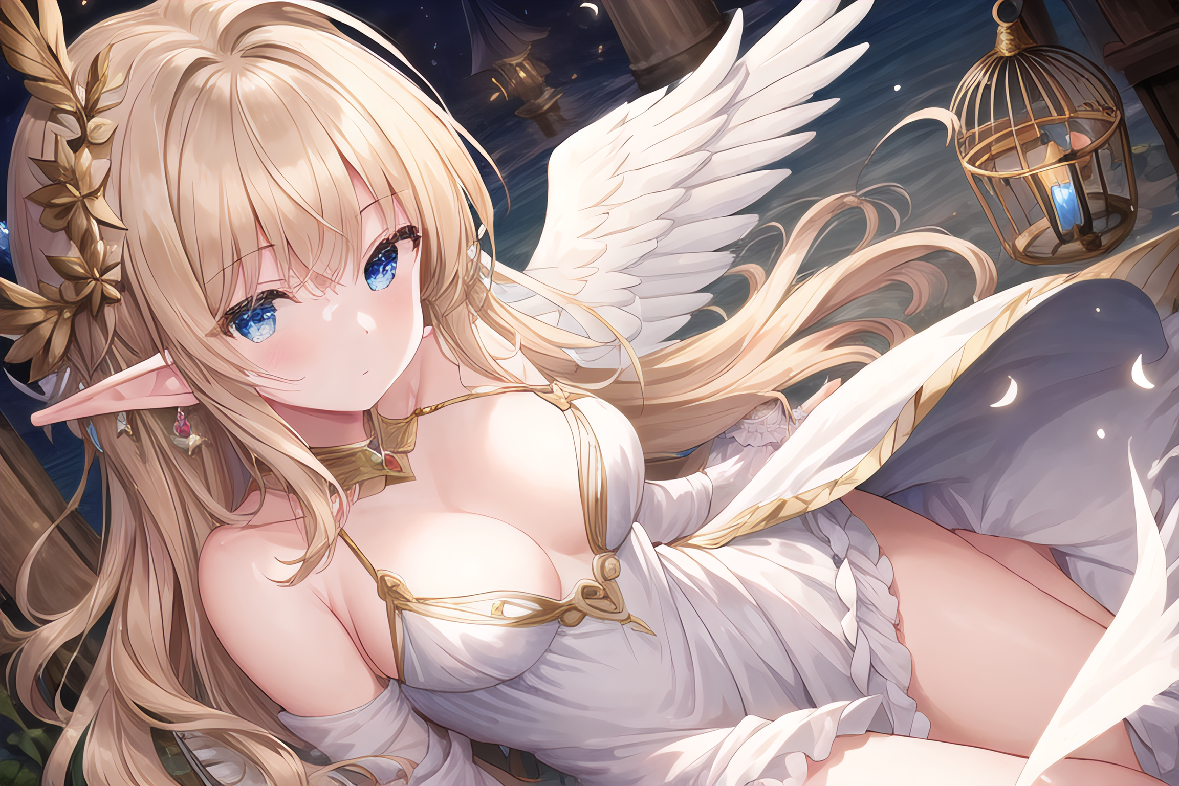 Anime Anime Girls Stable Diffusion Ai Art Artwork Digital Art Pointy Ears Wings Blonde Blue Eyes Loo 2304x1536