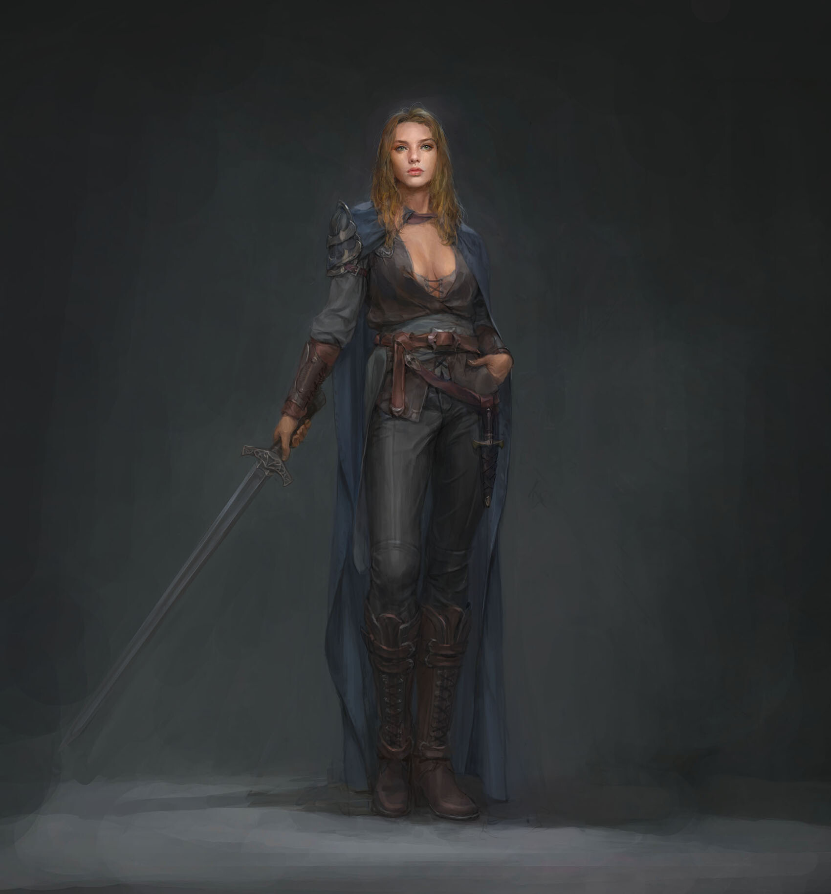 Kim Ssang Drawing Women Blonde Long Hair Cape Warrior Belt Pants Weapon Sword Concept Art 1700x1828