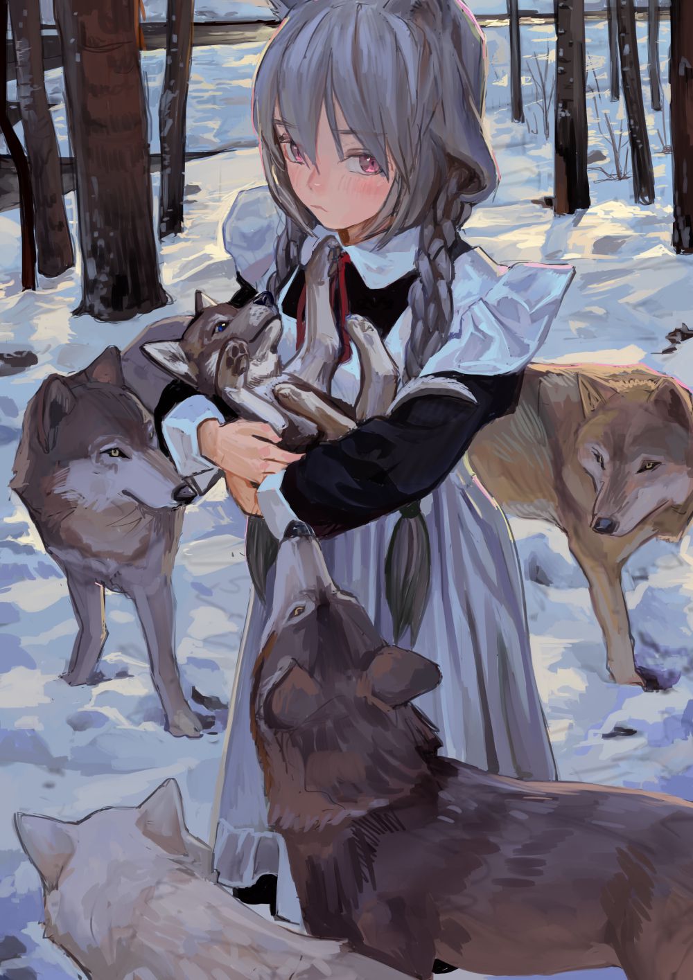 Anime Girls Maid Outfit Wolf Animal Ears FKEY Vertical Maid Braided Hair Animals Snow Looking At Vie 1000x1415