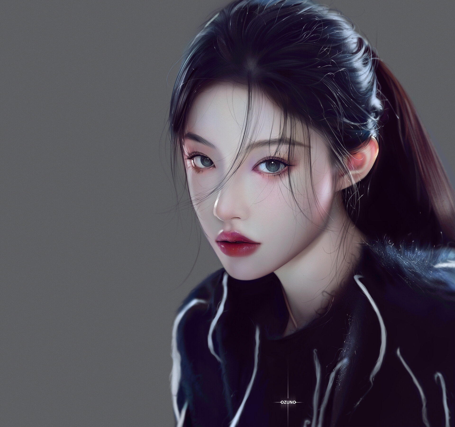 Huy Ozuno Digital Art Artwork Illustration Women Asian Portrait Face Black Hair Red Lipstick Looking 1920x1800