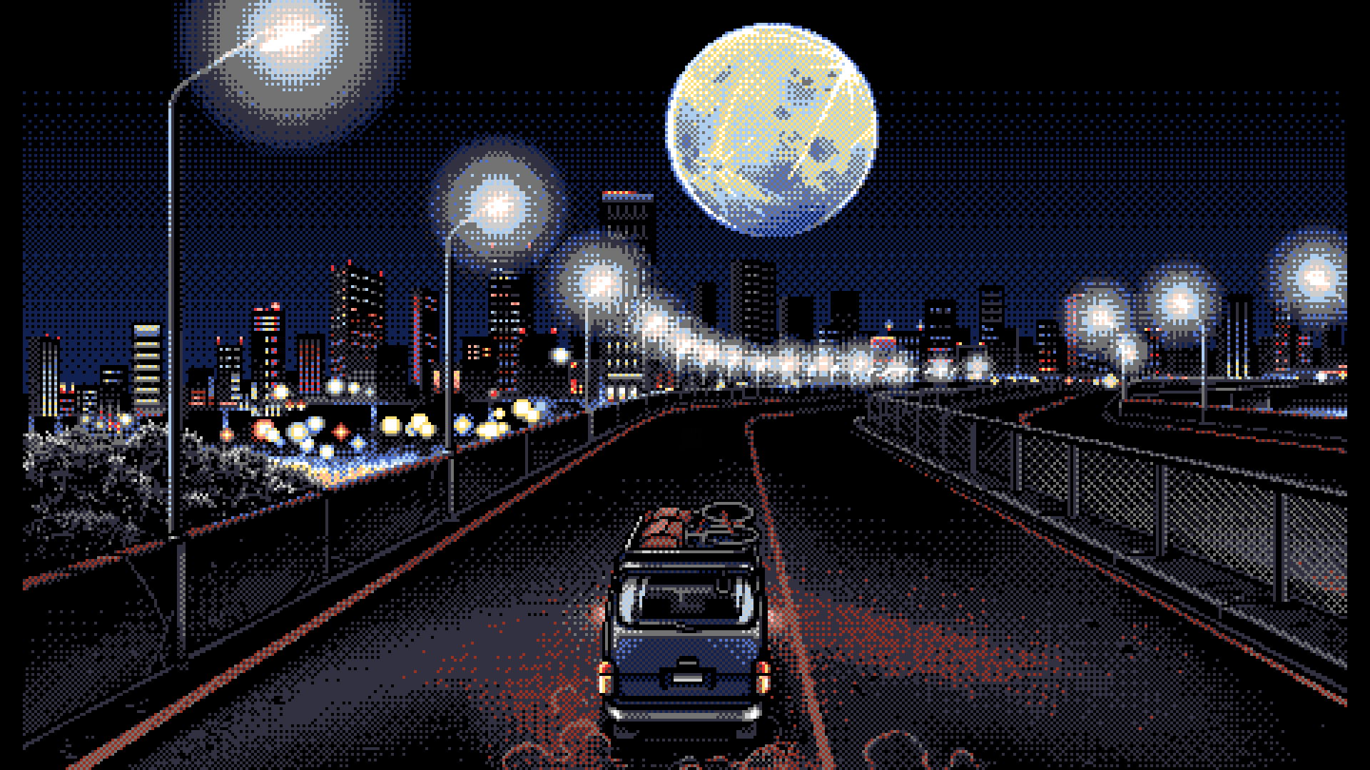 PC 98 Pixel Art Dark Background Cityscape Vehicle Road Digital Art Waku Waku Mahjong Panic 2 Night S 1920x1080