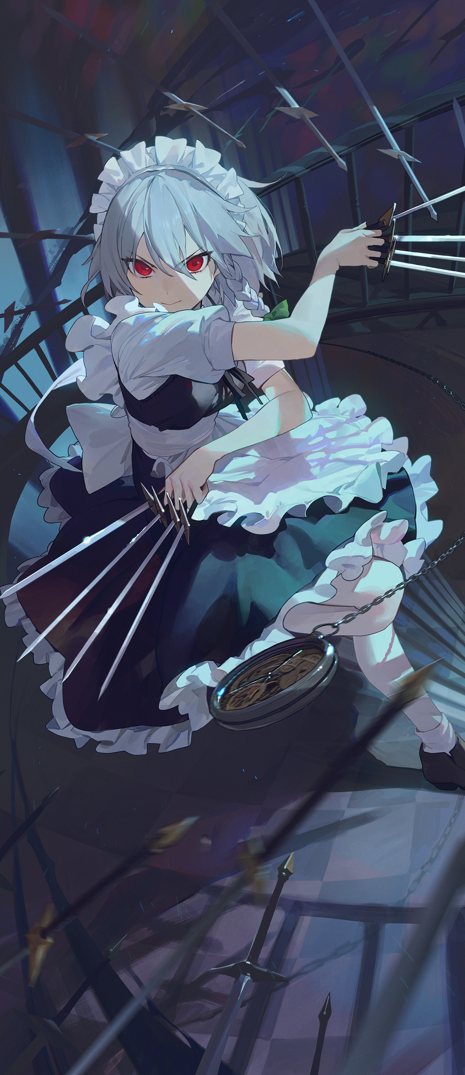 Anime Anime Girls Touhou Izayoi Sakuya Knife Red Eyes White Hair Maid Maid Outfit 1500x3467