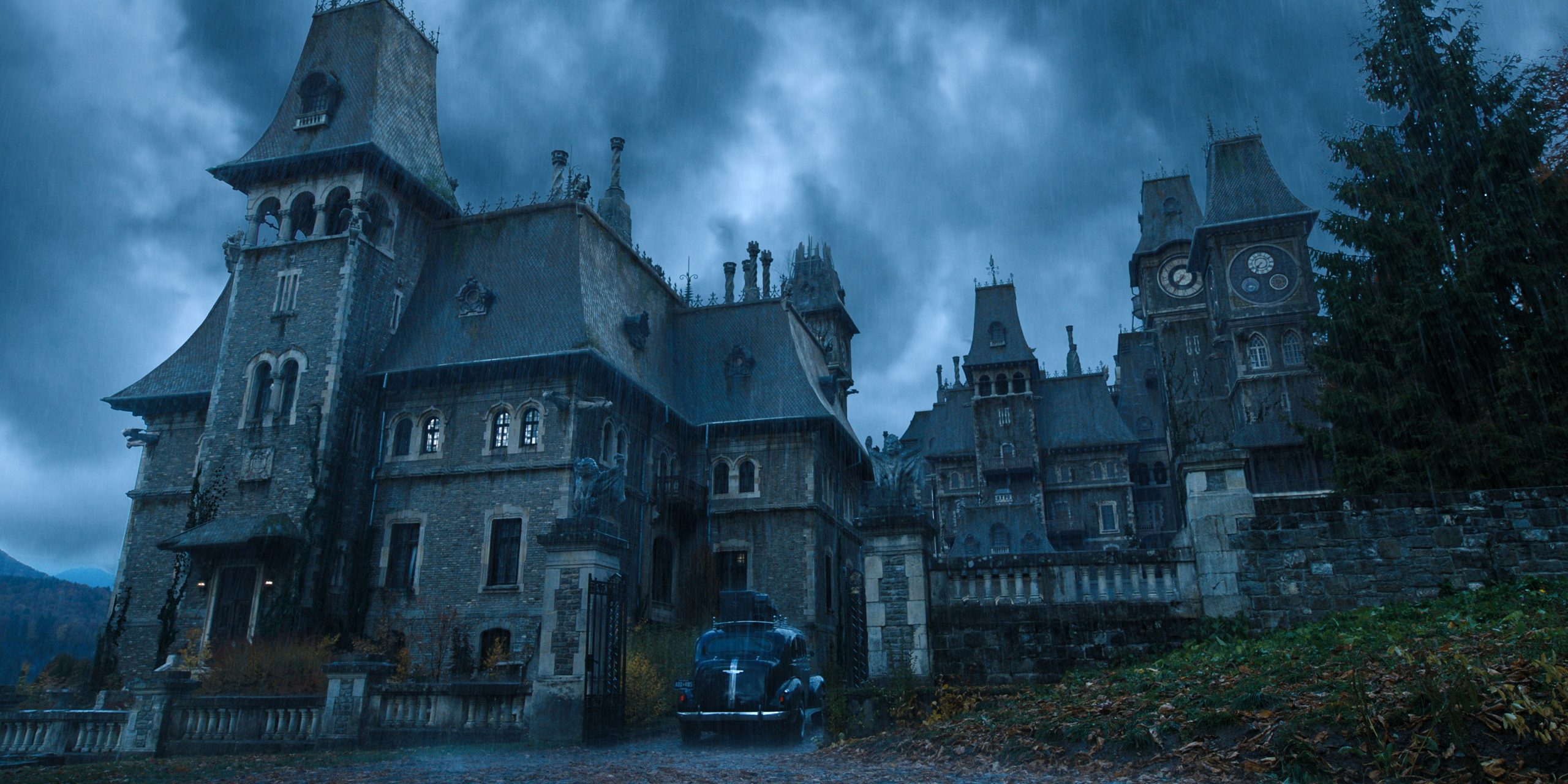 Movies Dark Wednesday TV Series Nevermore Academy Rain Castle Romania Limousine Black Cars Car Tower 2560x1280