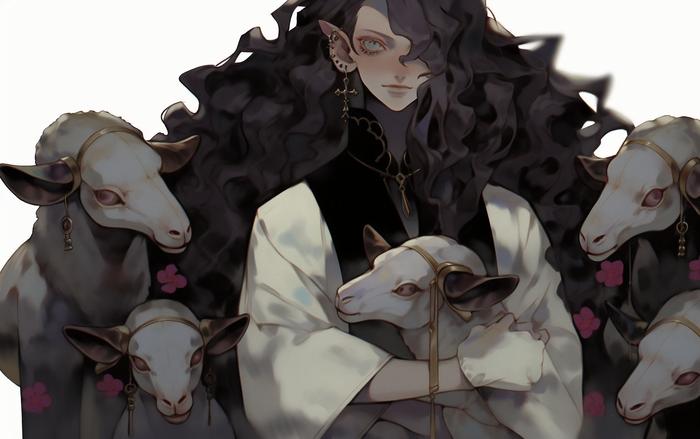Goats Sheep Sleeping Animals Looking At Viewer Anime Girls Long Hair Earring Pointy Ears 1376x864