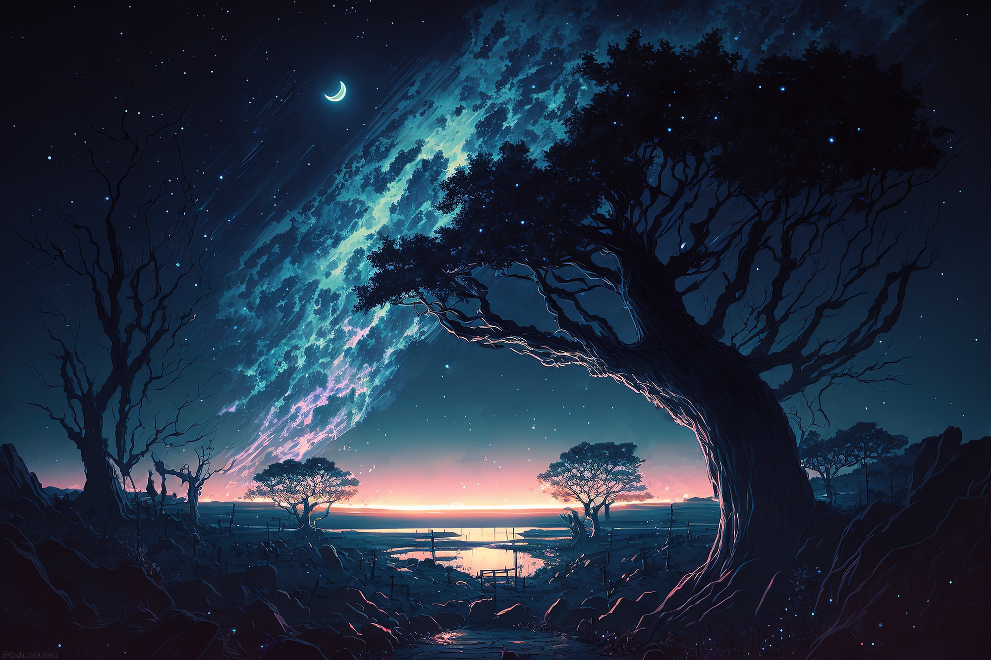 Uomi Ai Art Illustration Landscape Starry Night Stars Sky Night Moon Trees 2000x1333
