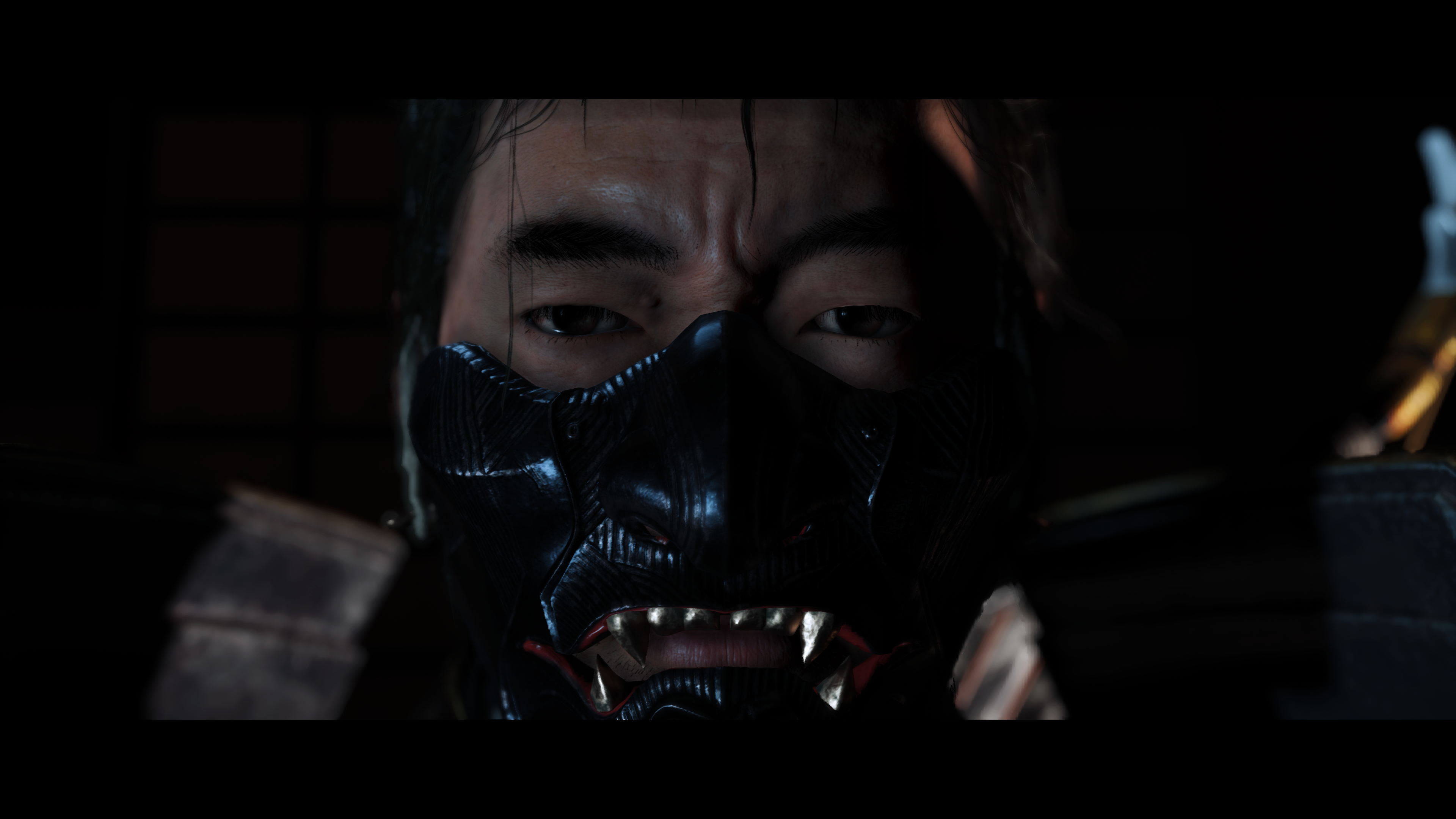Ghost Of Tsushima Samurai Video Game Characters CGi Mask Video Games Video Game Man Face Looking At  3840x2160