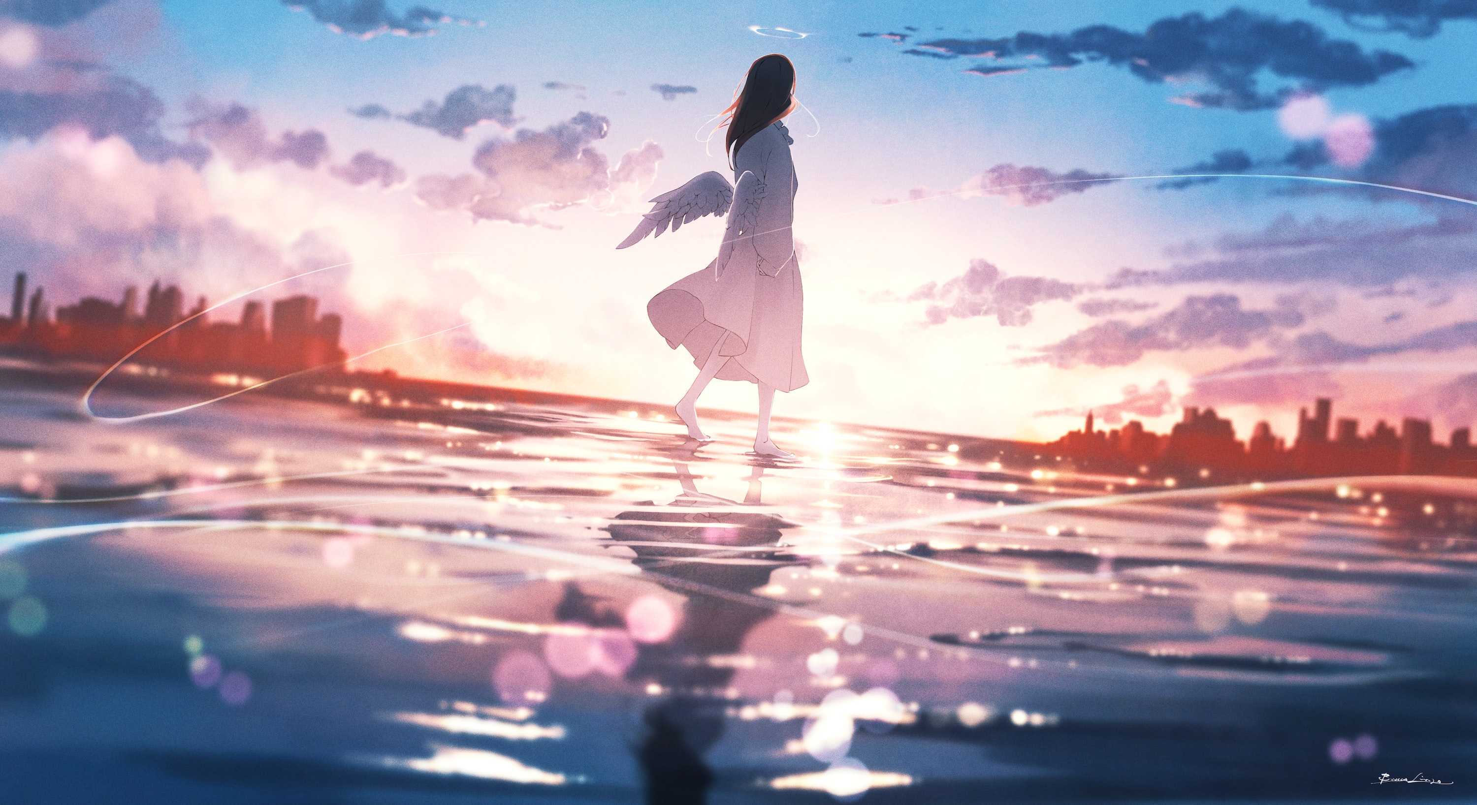 Digital Art Artwork Illustration Women Anime Anime Girls Water Sea City Wings Dress Clouds Blurry Ba 3000x1636