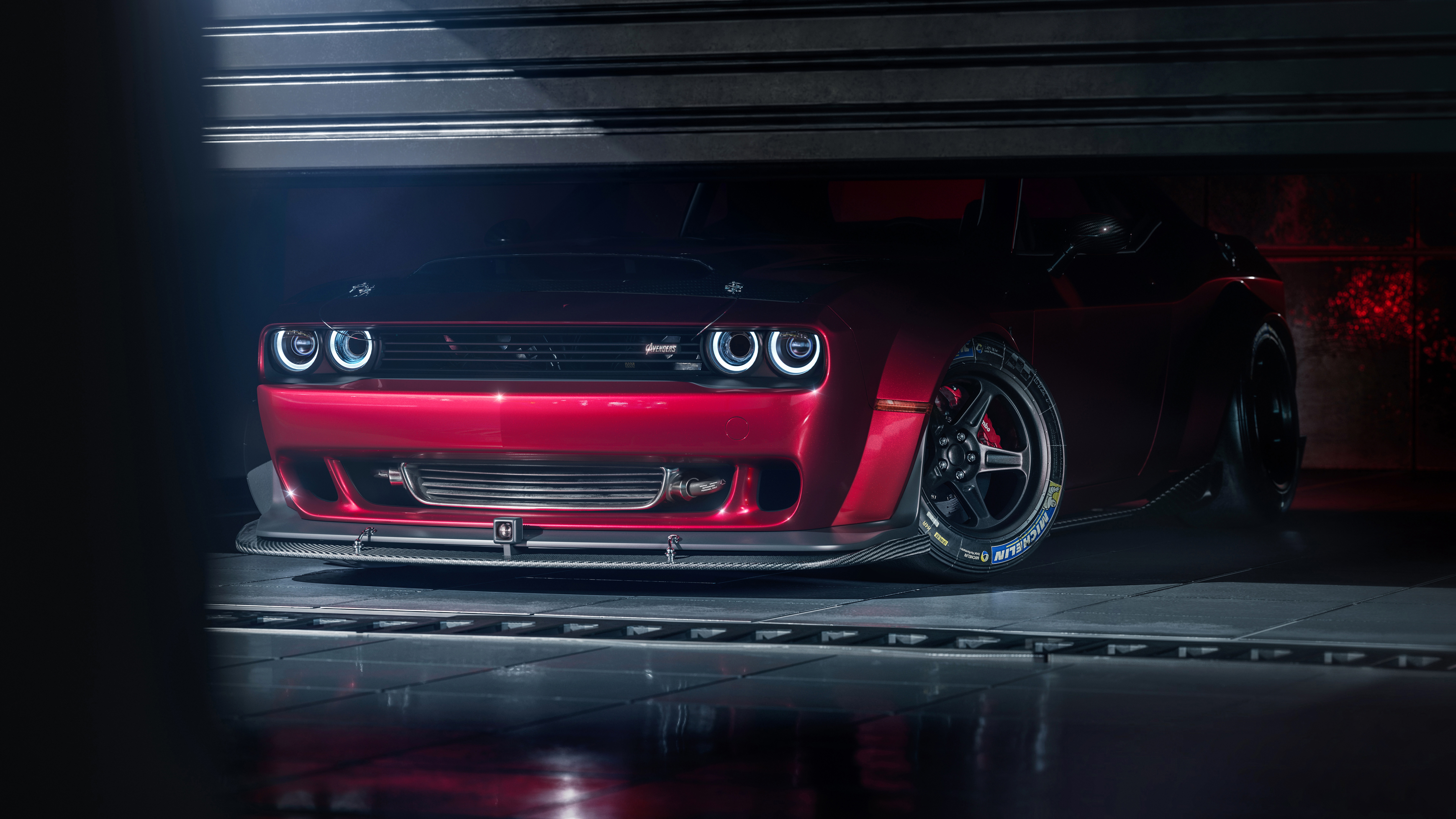 Dodge Challenger Dodge Muscle Cars American Cars Garage Tuning Car Front Angle View Reflection 7680x4320