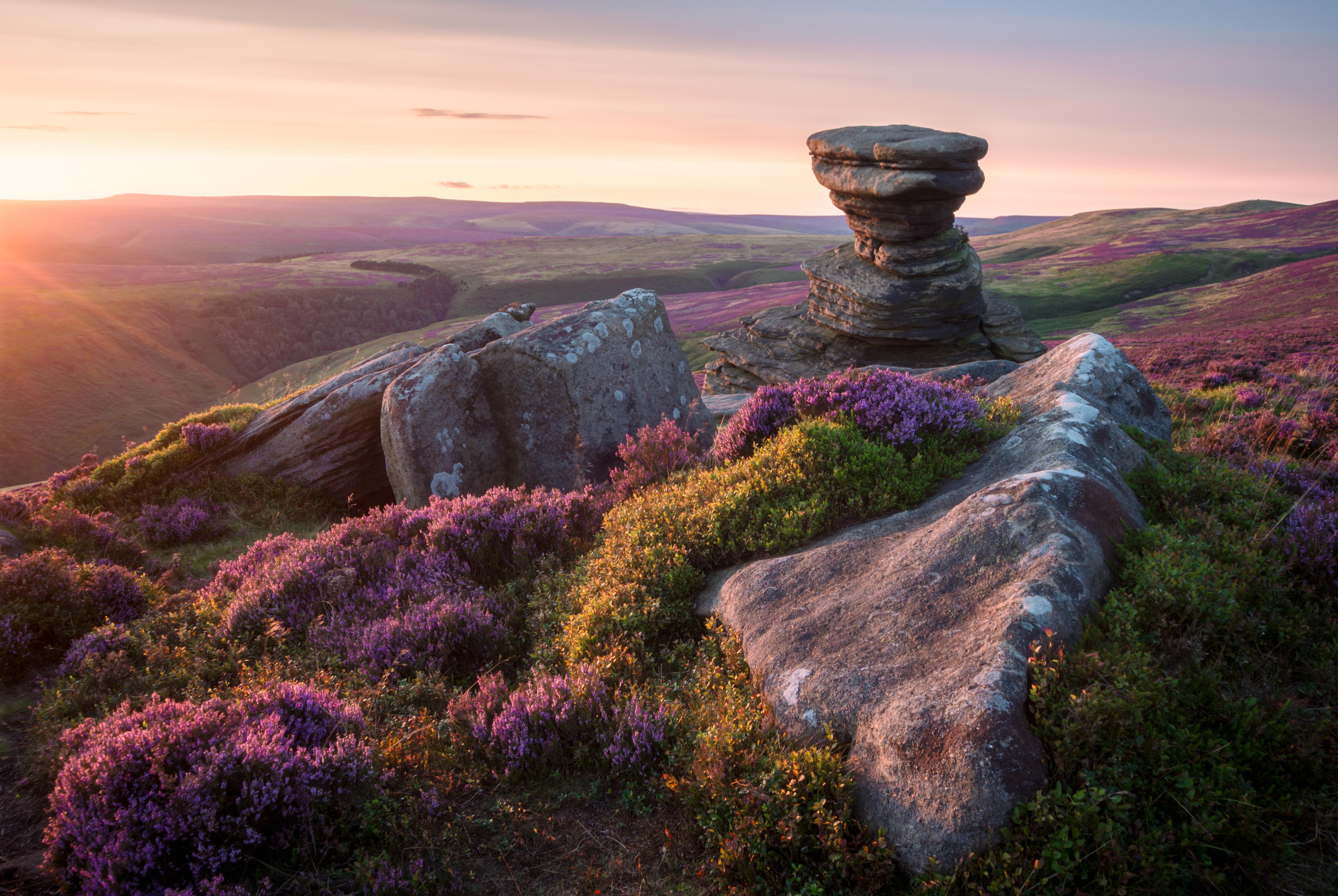 UK Landscape Sunset Rocks Nature Flowers Lens Flare Hills 4651x3114