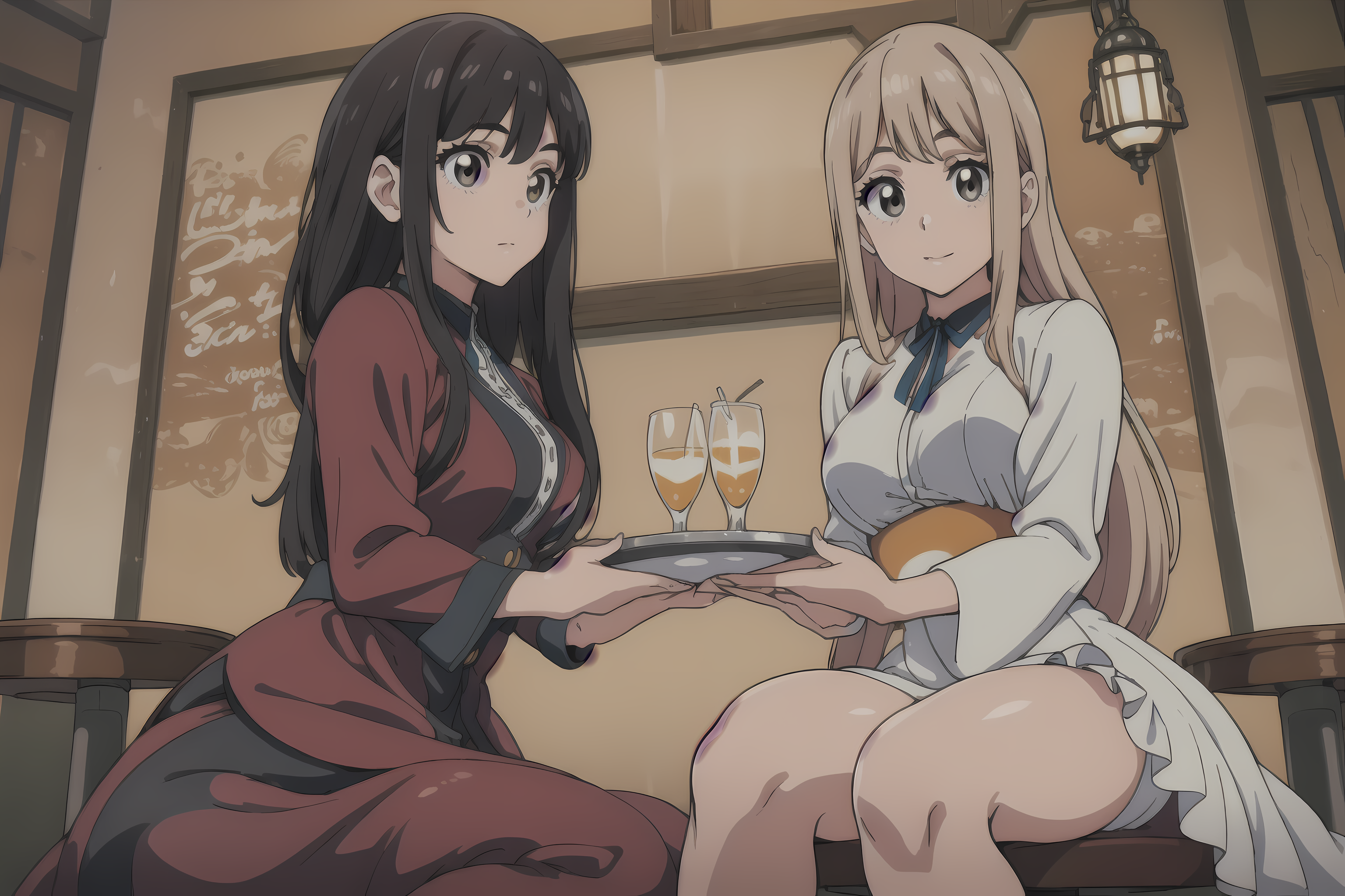 Anime Girls Anime Games Long Hair Manga Neckline Legs Women Ai Art Drink Smiling Looking At Viewer 3072x2048