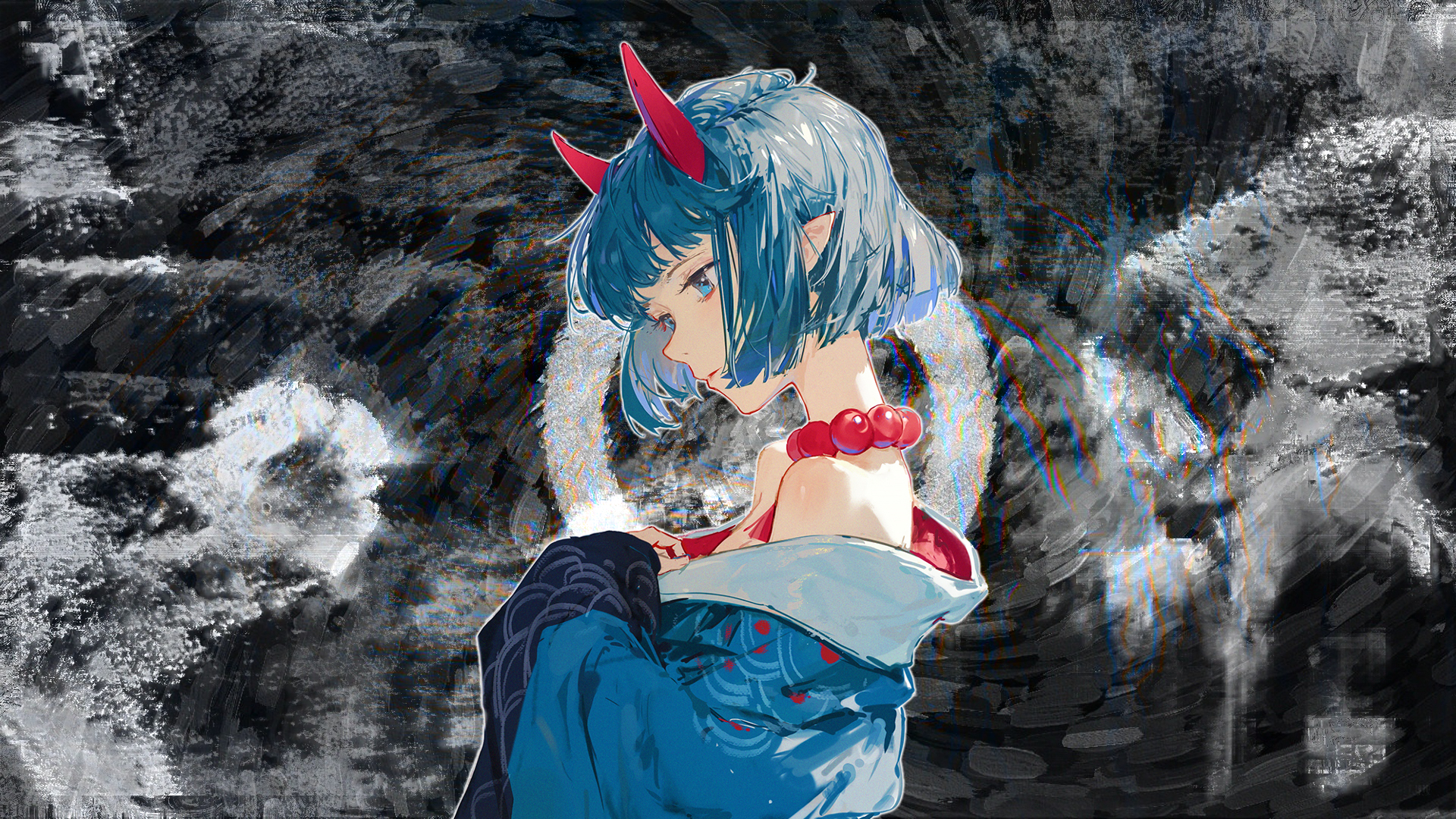 Anime Girls Creative Coding Blue Hair Blue Eyes Pointy Ears Horns Simple Background Minimalism 1920x1080