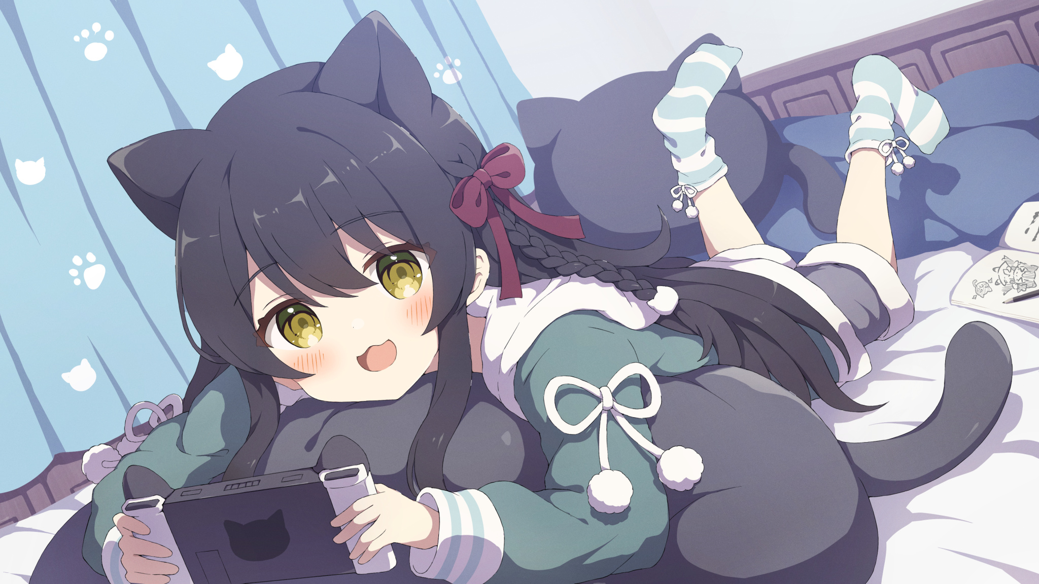Anime Anime Girls Blushing Cat Girl Cat Ears Cat Tail Lying Down Lying On Front Open Mouth Socks Loo 2048x1152