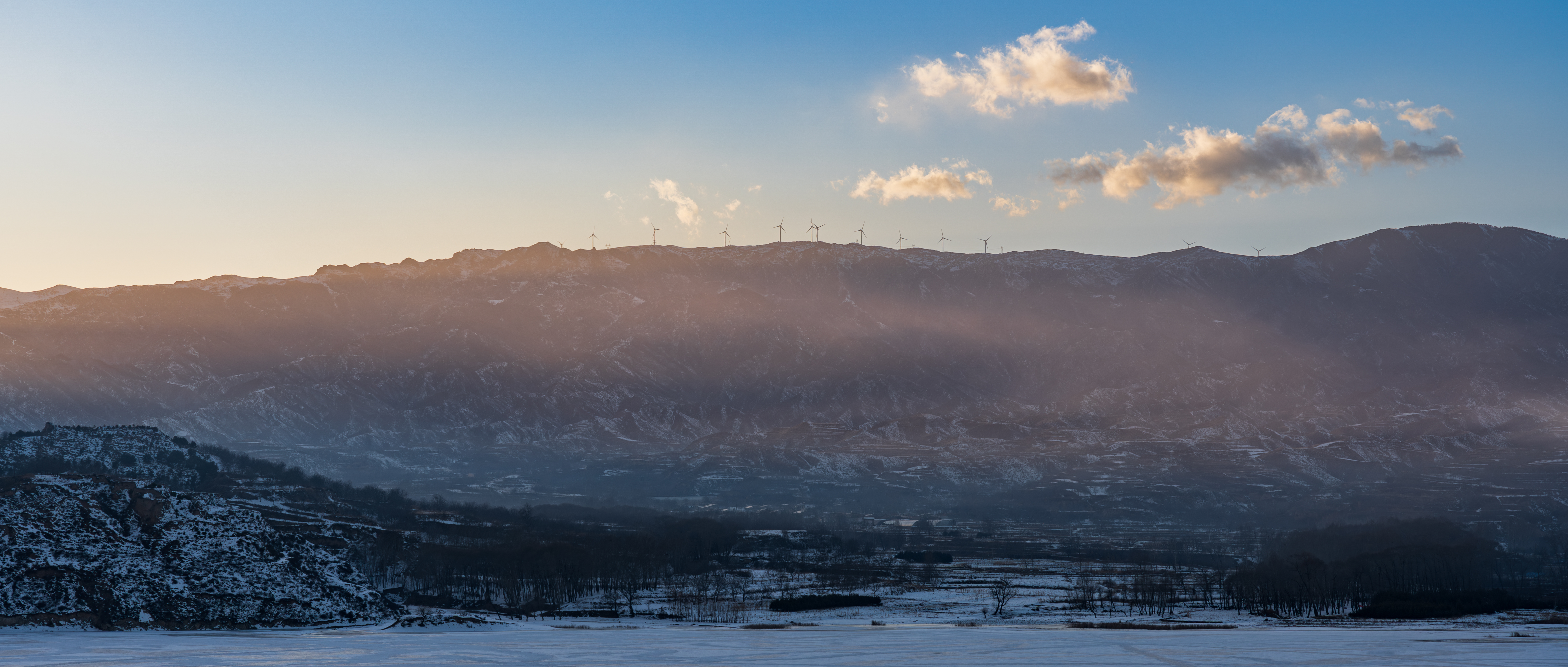 Mist Mountains Wind Turbine Snow 6000x2553