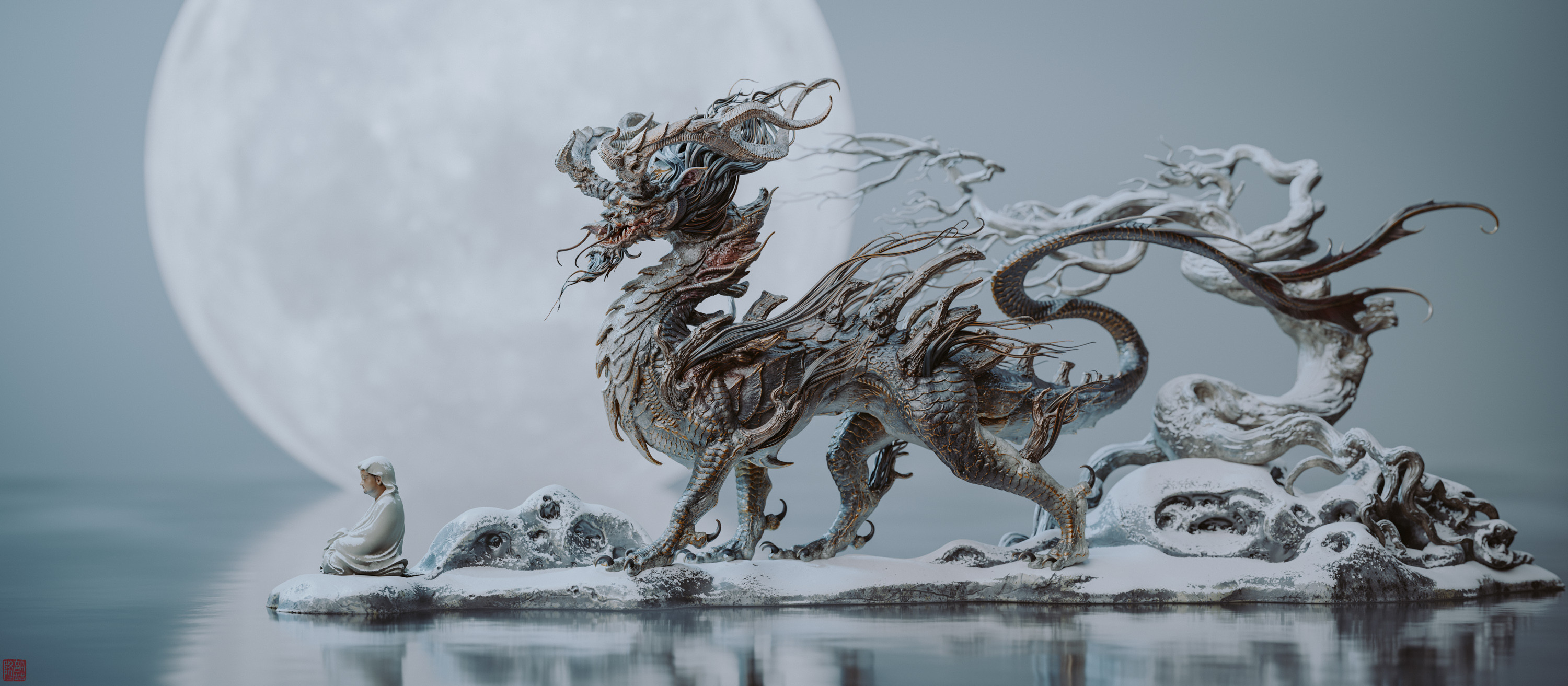 Artwork Digital Art Fantasy Art Dragon Creature Water Moon 3000x1313