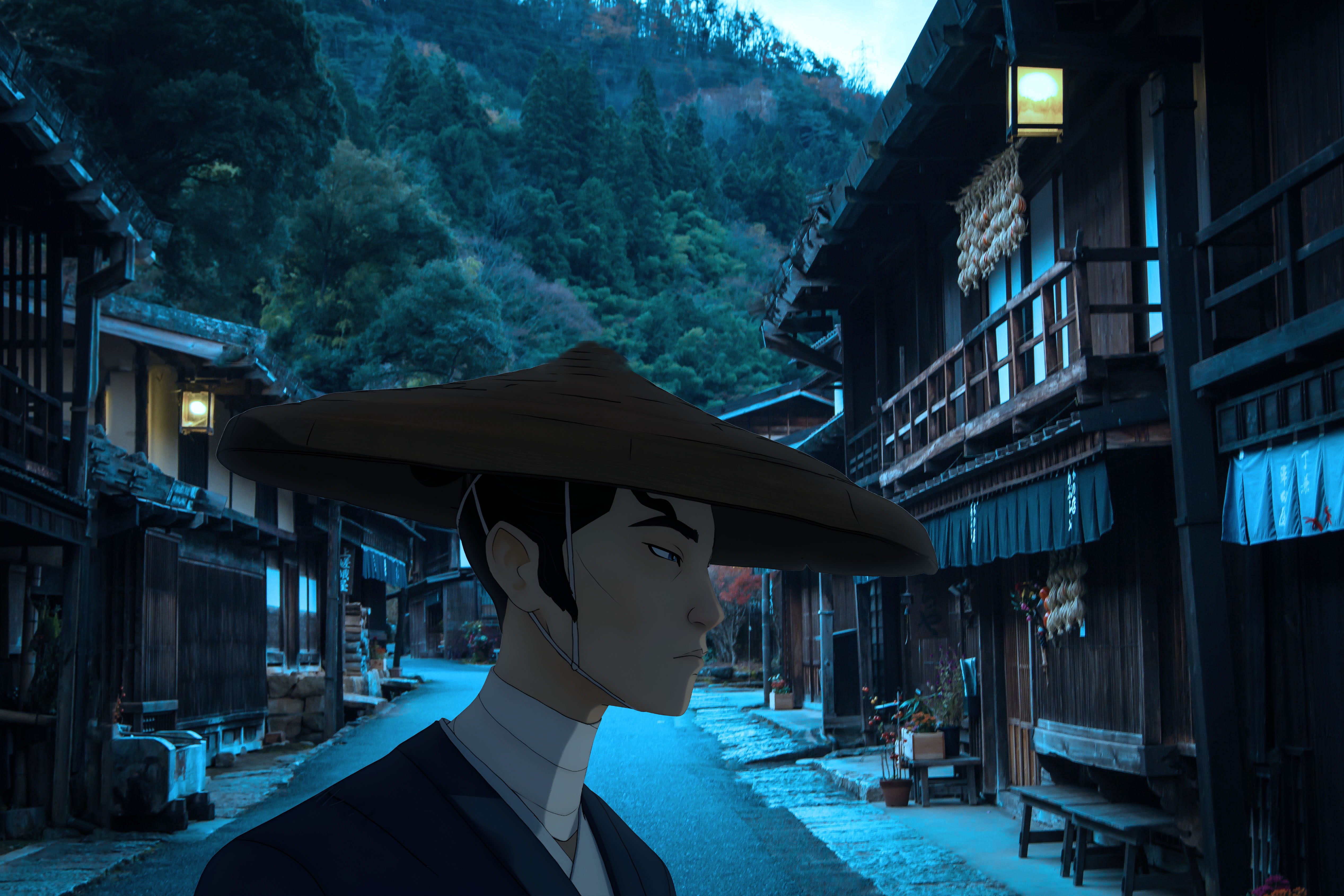 Blue Eye Samurai Countryside Scene Anime Japanese Art Building Anime Men Looking Away Hat Trees Anim 5070x3380
