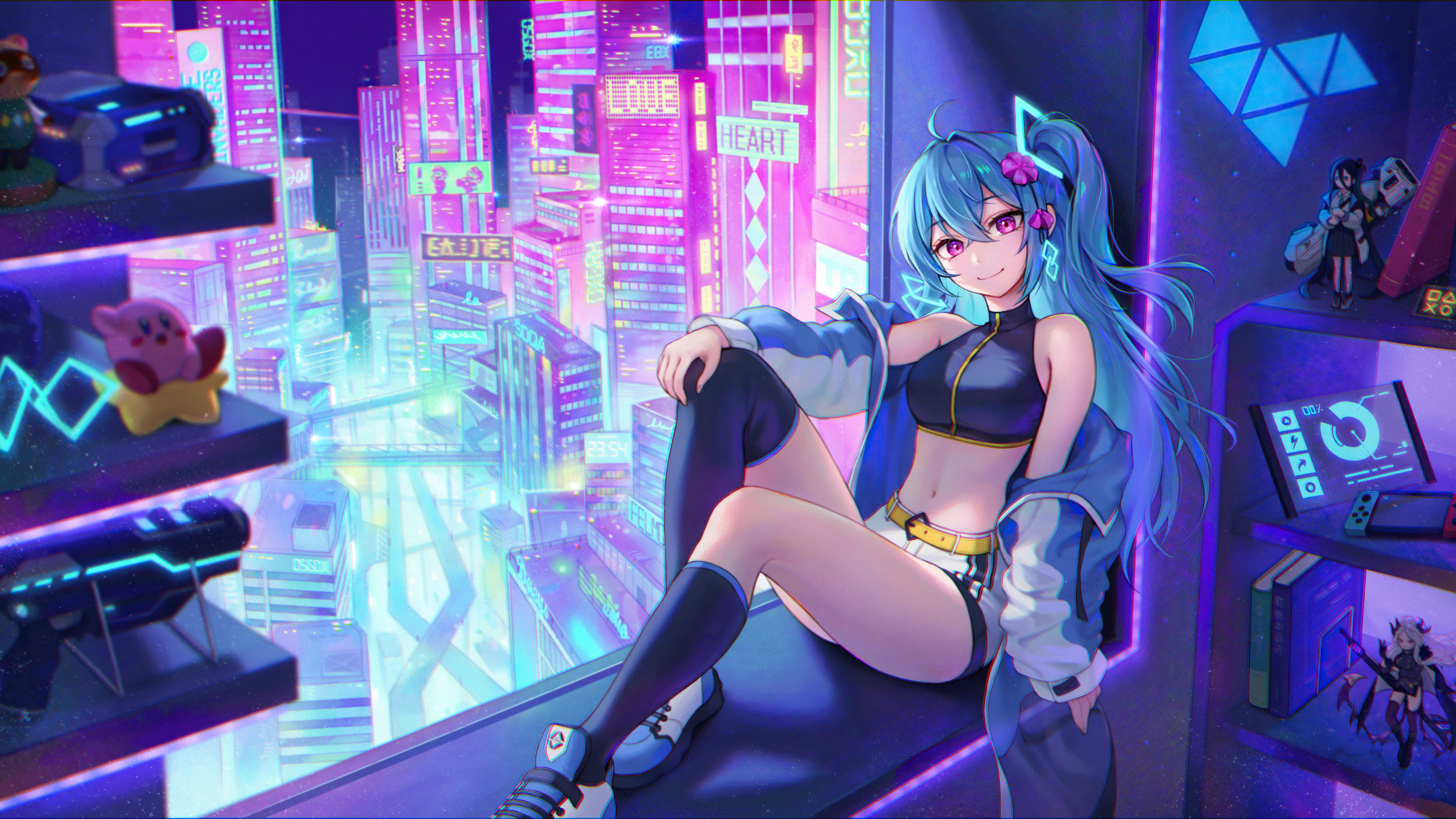 Anime Anime Girls Anaglyphic Blue Hair Smiling Purple Eyes City Lights City Nintendo Switch Figurine 5120x2880