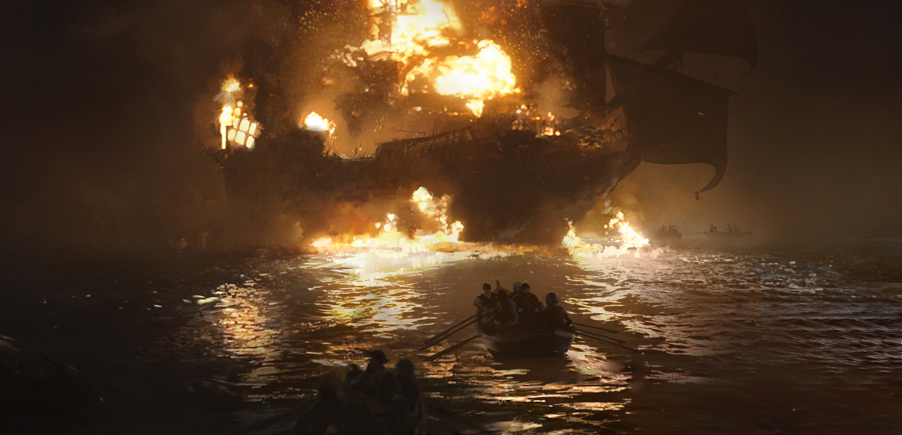 Artwork Ship Fire Burning Vehicle Boat Sea Night Dark Water 3840x1852