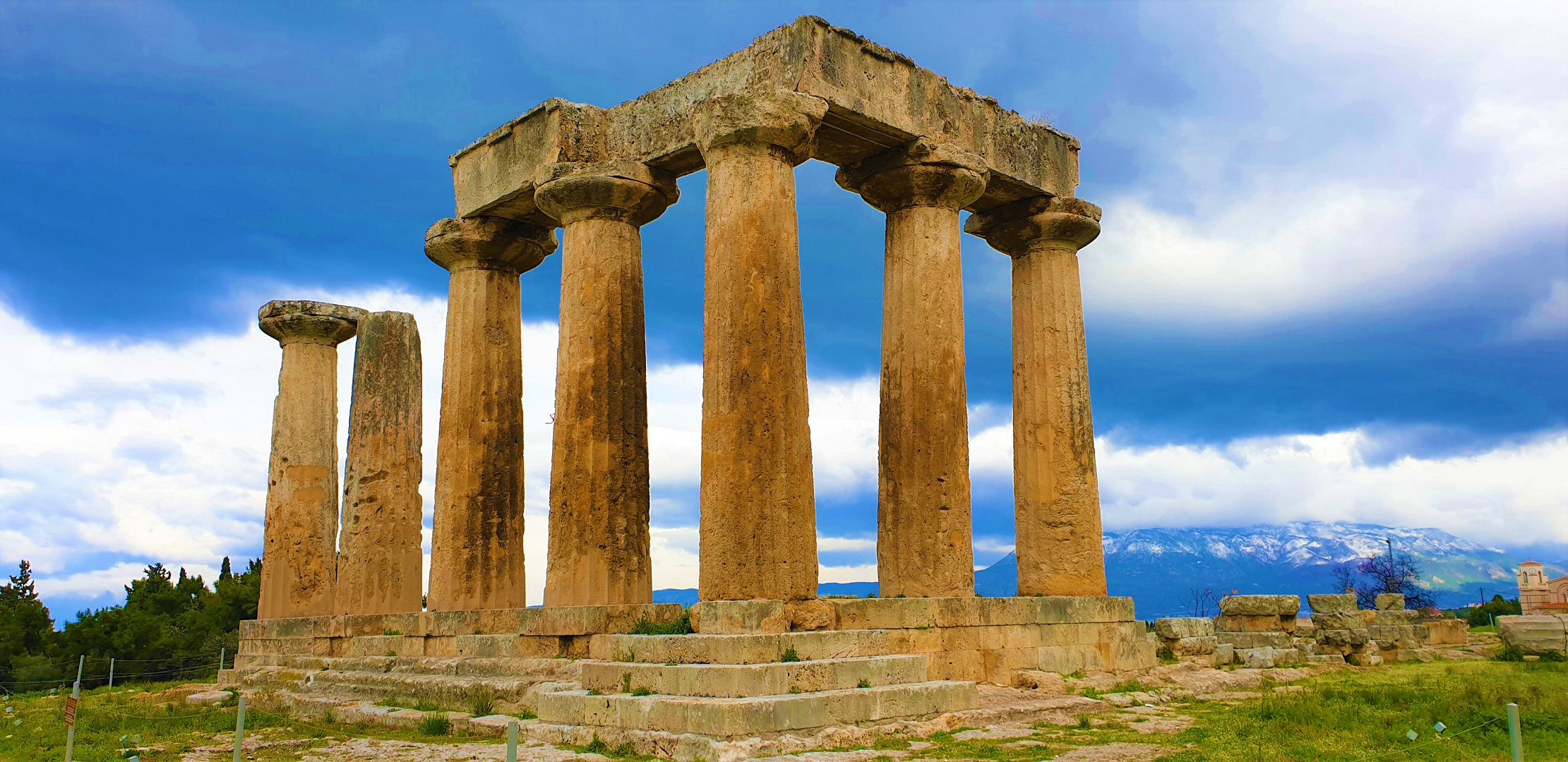 Corinthia Ruins Greece Architecture Sky Clouds 2221x1080