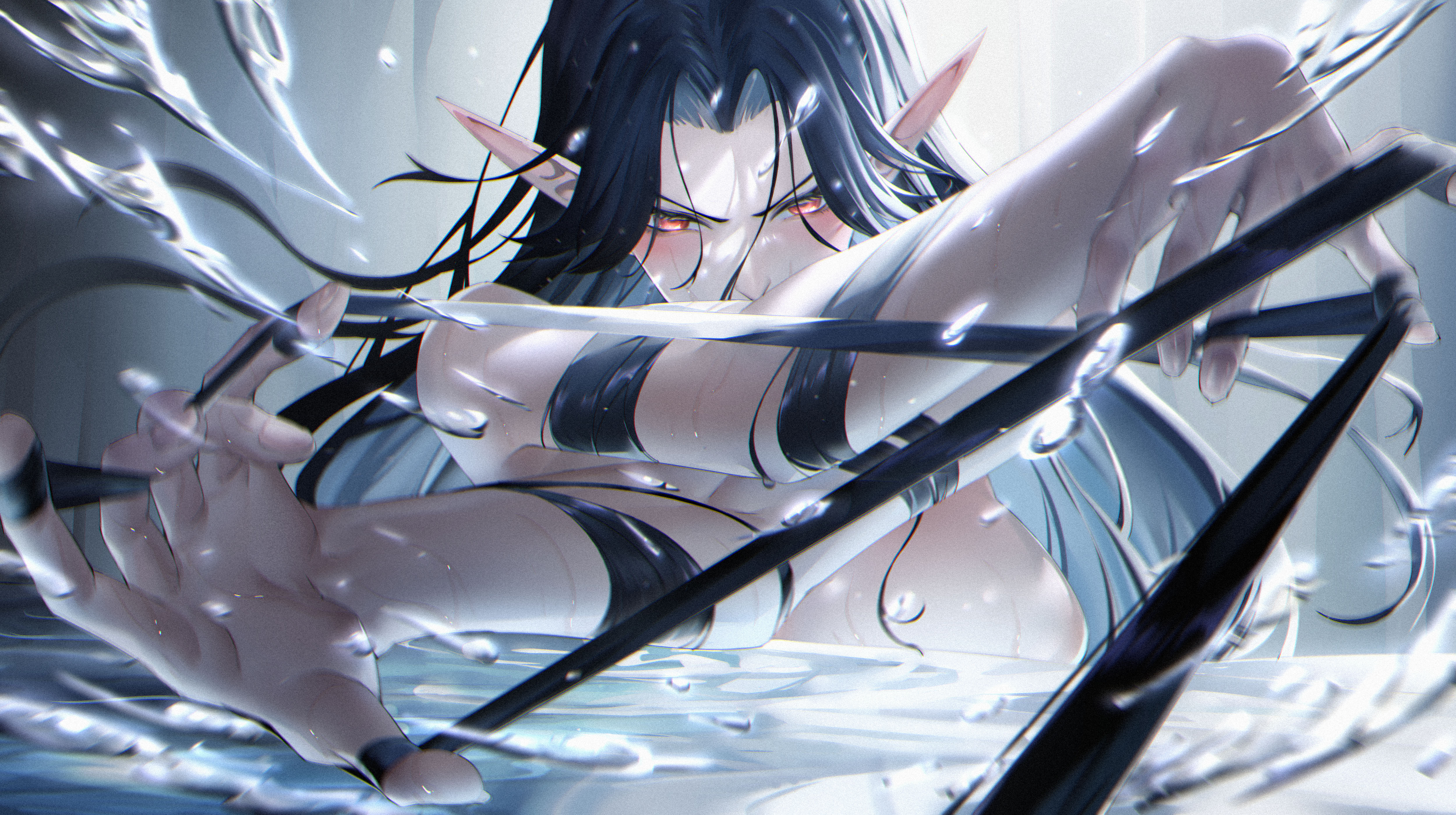 Pixiv Anime Water Pointy Ears Ribbon Looking At Viewer Blushing Anime Girls Long Hair Water Drops We 5000x2800