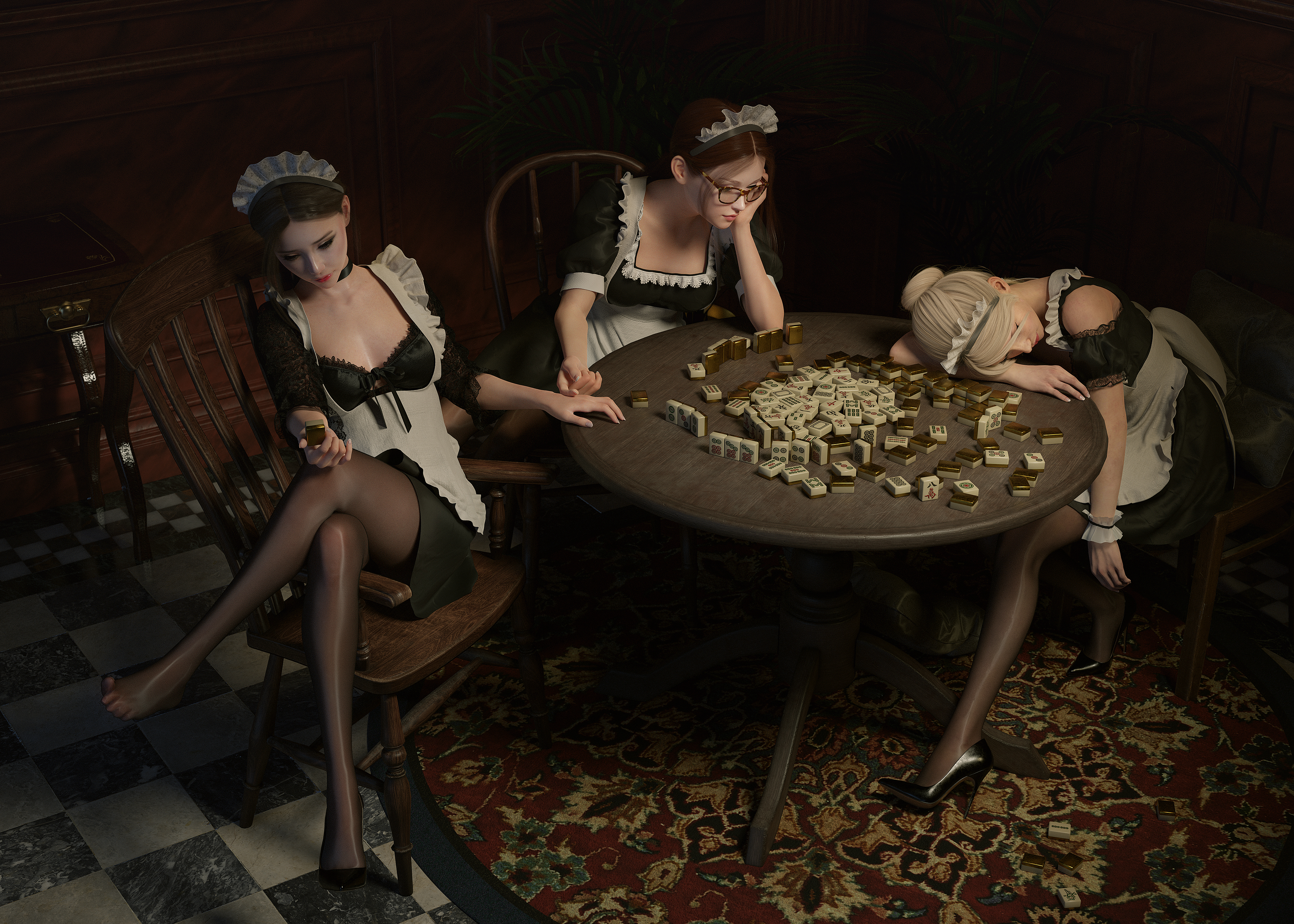 Maid Digital Art Women Original Characters CGi Lou LL Table Maid Outfit Sitting Checkered Legs Cross 3440x2457