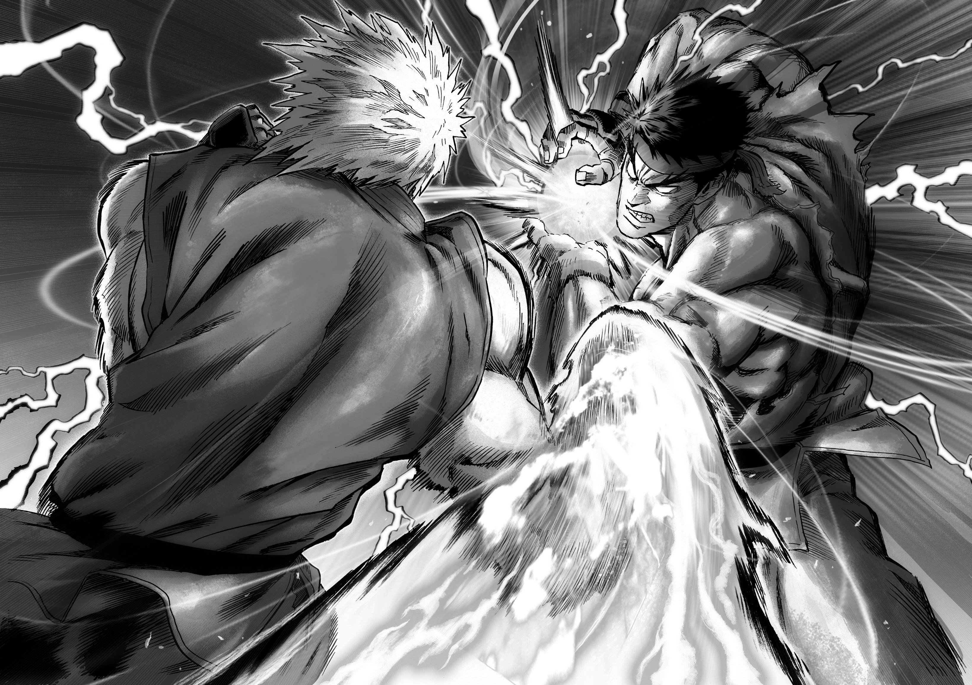Yusuke Murata Digital Art Street Fighter Fighting Manga Lightning Artwork Muscles Headband Monochrom 3276x2311