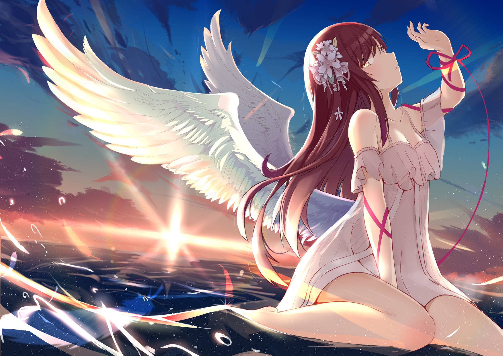 Anime Anime Girls Wings Water Sunset Sunset Glow Flowers Flower In Hair Long Hair Sky Clouds Sun Loo 1754x1240