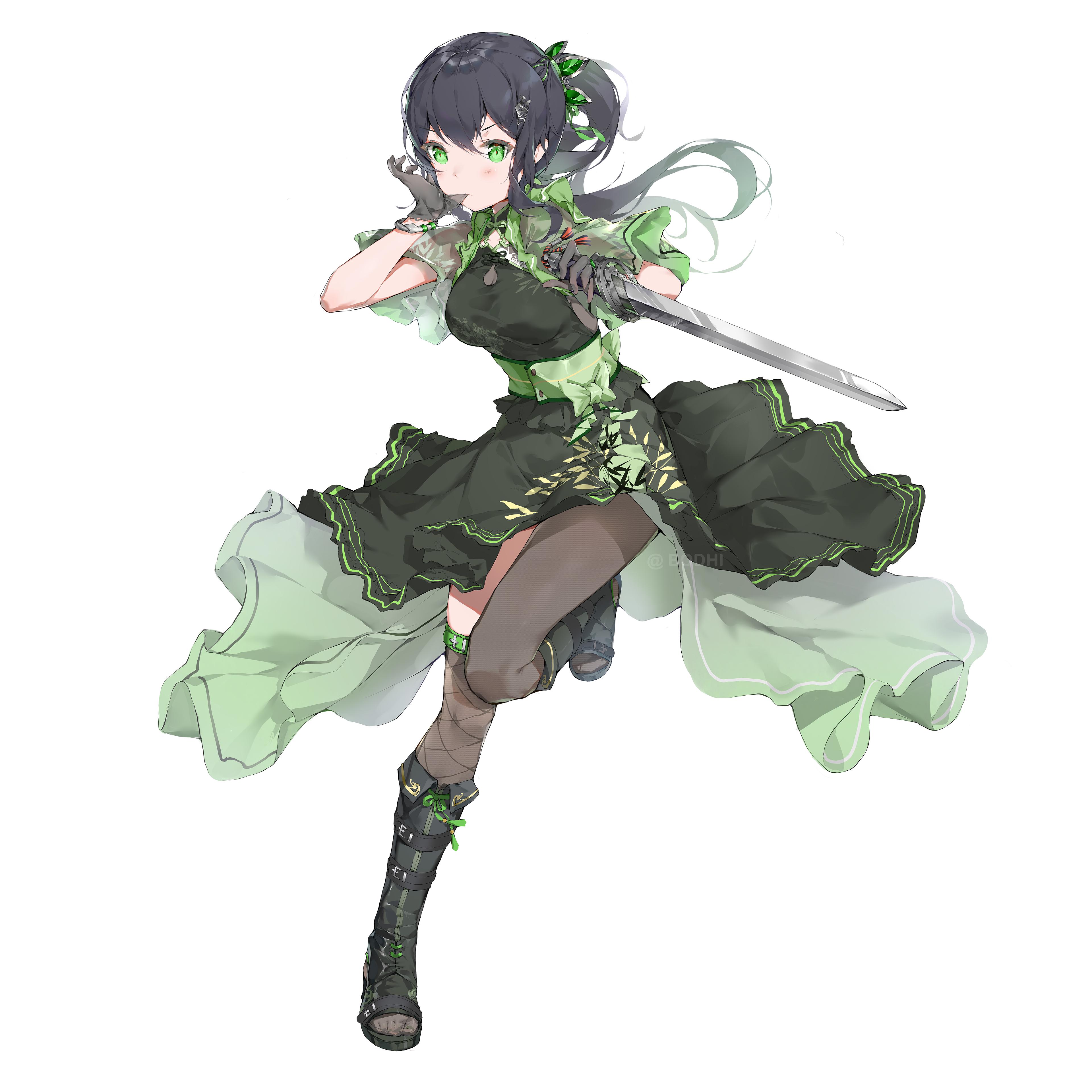 BODHi Bodhi Wushushenghua Anime Girls Green Eyes Dress Sword Weapon Gloves Simple Background Minimal 3840x3840
