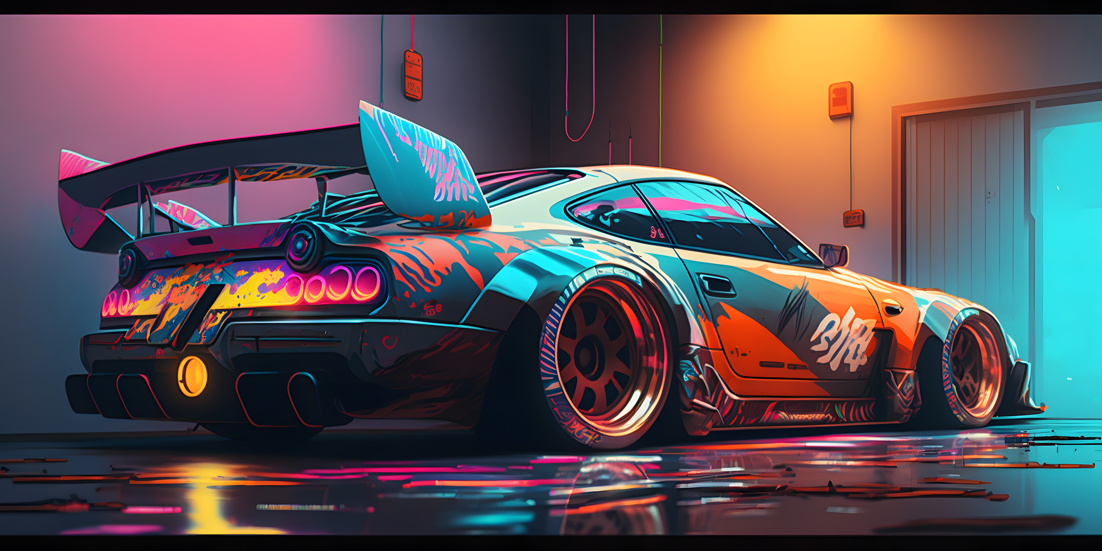 Ai Art Japanese Cars Supercars Iridescent Colorful Car Reflection Rear View 3840x1920