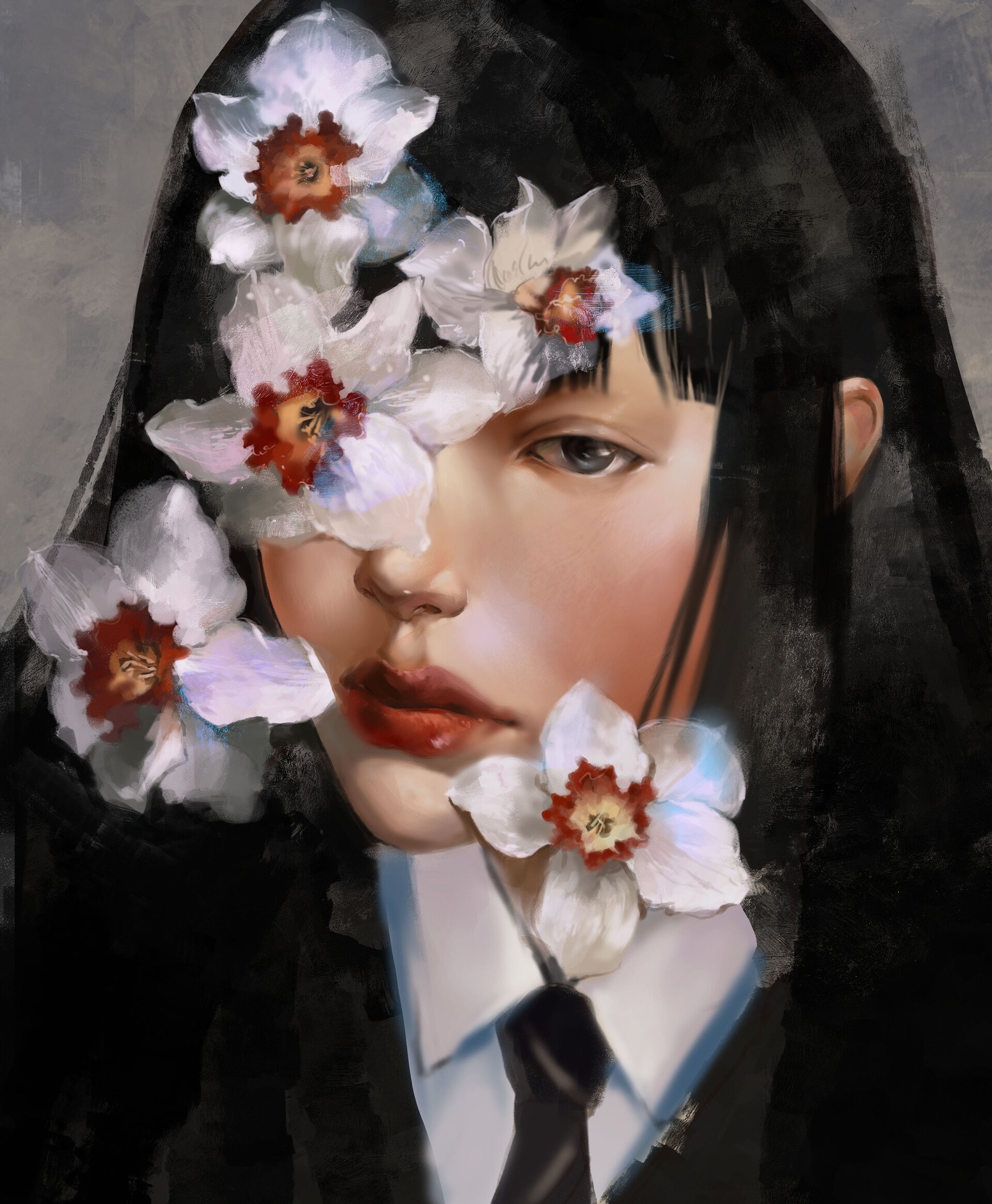 Digital Art Artwork Illustration Portrait Portrait Display Face Closeup Women Dark Hair Flowers Cove 1920x2330