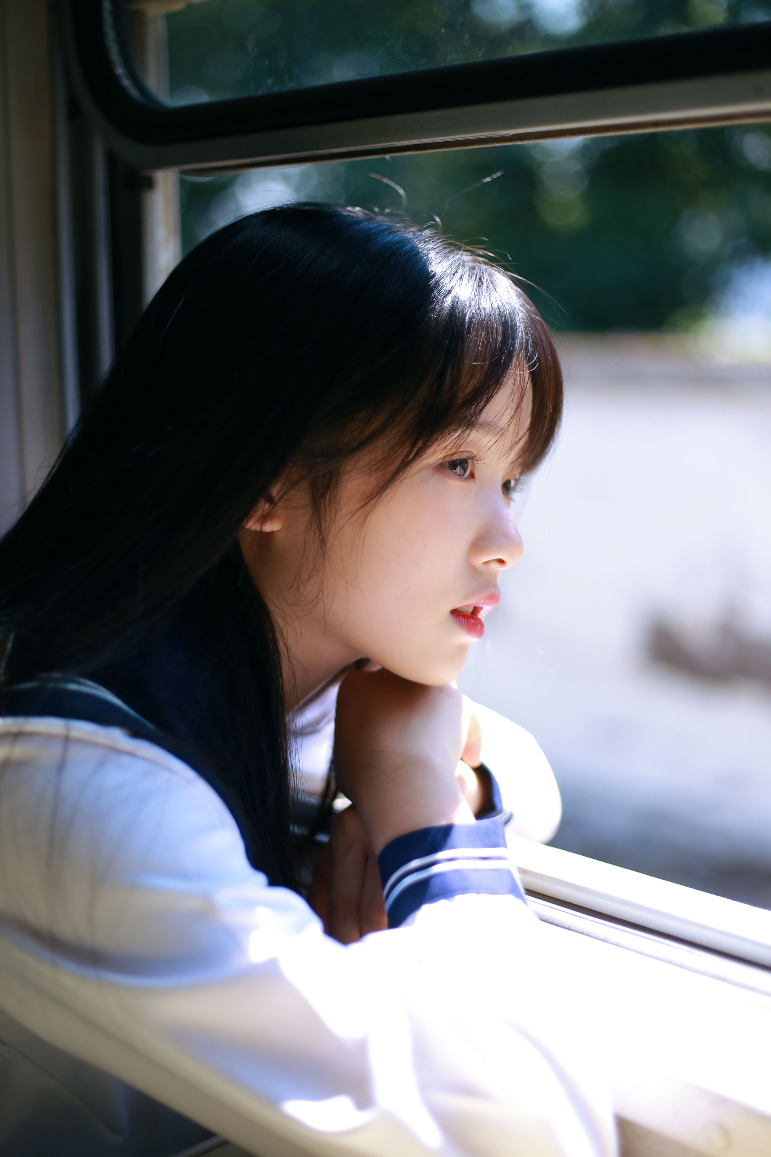 Asian Women Vehicle Looking Out Window Dark Hair Face Profile Parted Lips Urban Dark Eyes Model 2700x4050