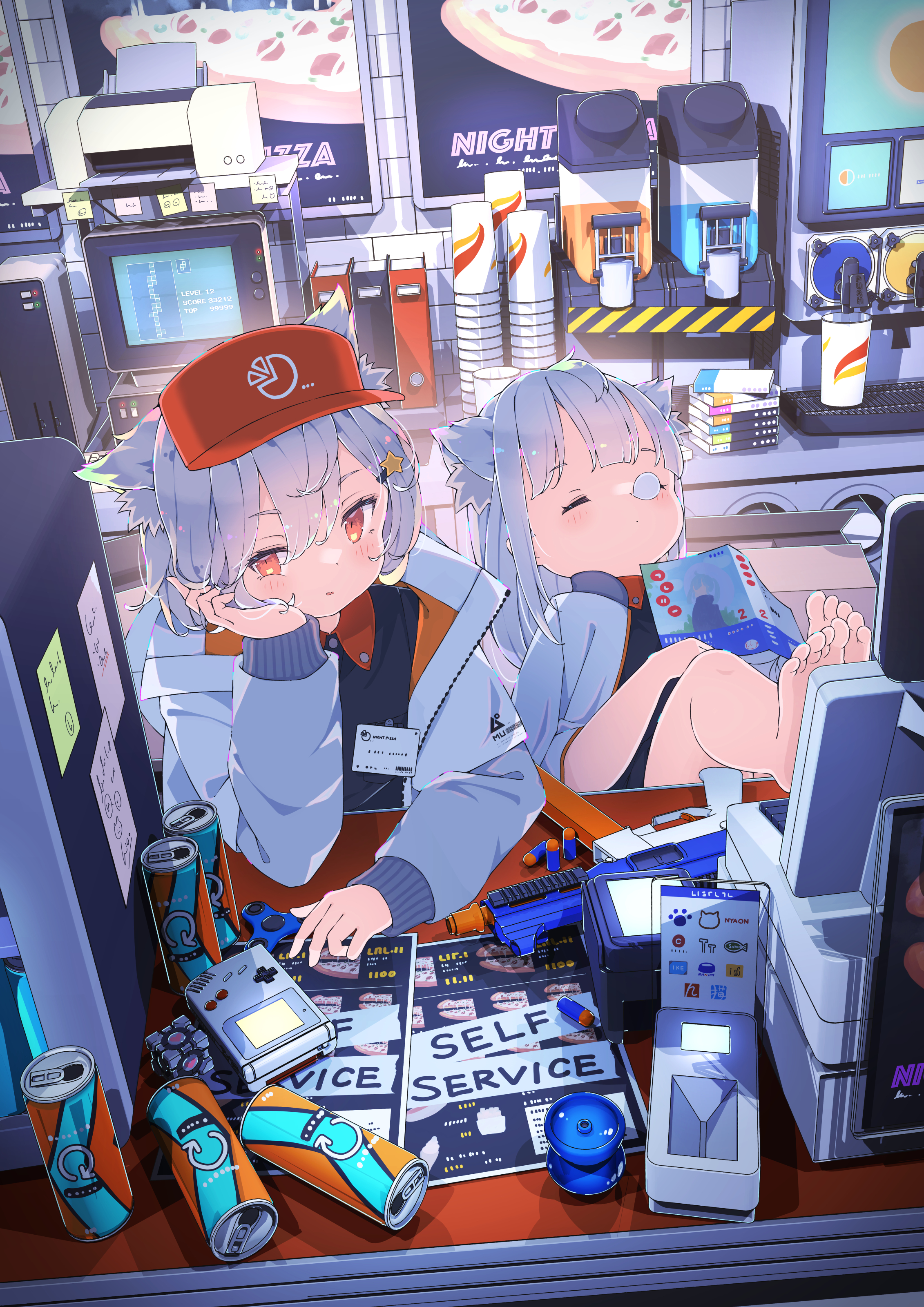 Anime Anime Girls Closed Eyes Sleeping Hat Hand On Face Can Consoles Sitting Looking At Viewer Feet  2262x3200