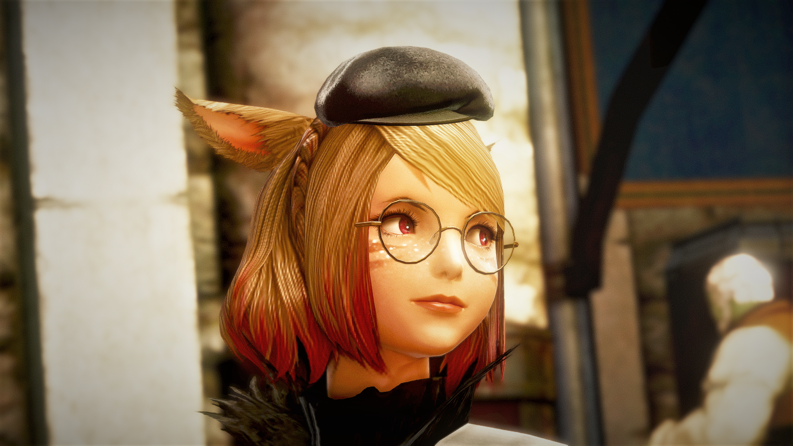 Final Fantasy XiV A Realm Reborn Reshade Miqote Portrait Video Games Glasses CGi Hat Video Game Girl 2560x1440